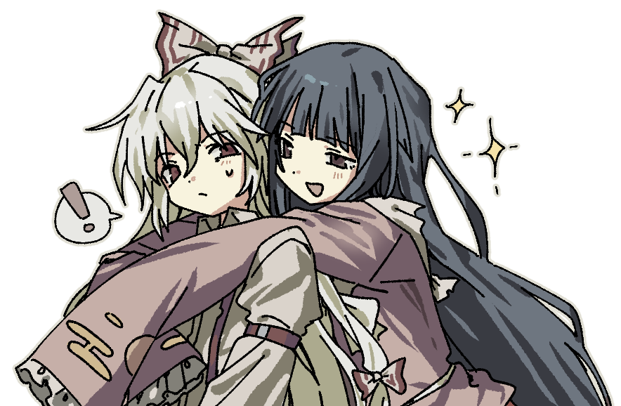 fujiwara no mokou, houraisan kaguya, touhou, commentary request, korean commentary, !, 2girls, annoyed, arms around neck, belt, belt buckle, black eyes, black hair, blunt bangs, bow, bowtie, buckle, closed eyes, dibitaki11, dot nose, frilled sleeves, frills, frown, hair between eyes, hair bow, half-closed eyes, happy, hime cut, hug, hug from behind, light blush, long hair, long sleeves, looking at another, multiple girls, multiple hair bows, pink shirt, print sleeves, red belt, red bow, red eyes, shirt, sidelocks, simple background, sleeve belt, sleeves past fingers, sleeves past wrists, sparkle, speech bubble, spoken exclamation mark, straight hair, suspenders, sweatdrop, two-tone bow, upper body, very long hair, white background, white bow, white bowtie, white hair, white shirt, yuri