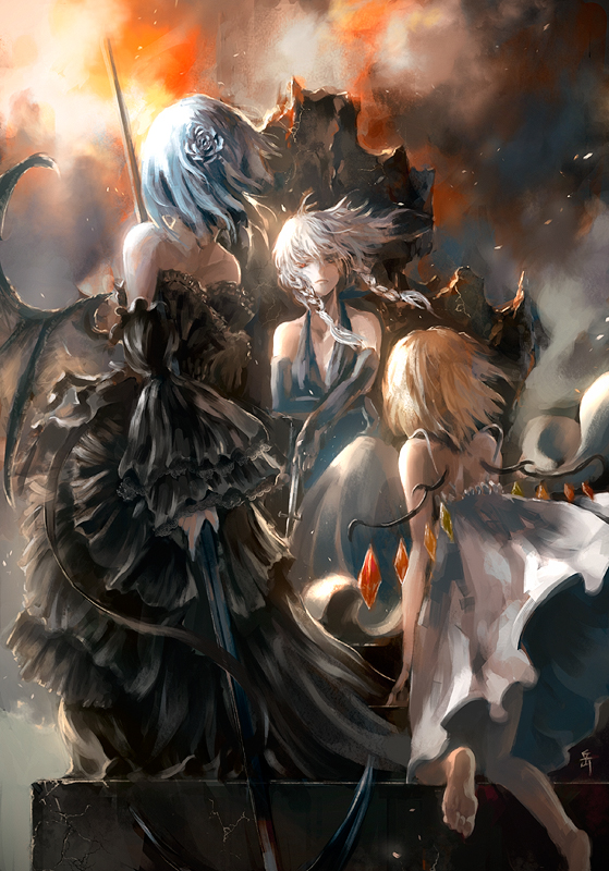 archlich, flandre scarlet, izayoi sakuya, remilia scarlet, touhou, silver hair, 3girls, alternate costume, barefoot, bat wings, blonde hair, blue hair, braid, dress, feet, female focus, fire, knife, multiple girls, polearm, red eyes, spear, twin braids, weapon, wings