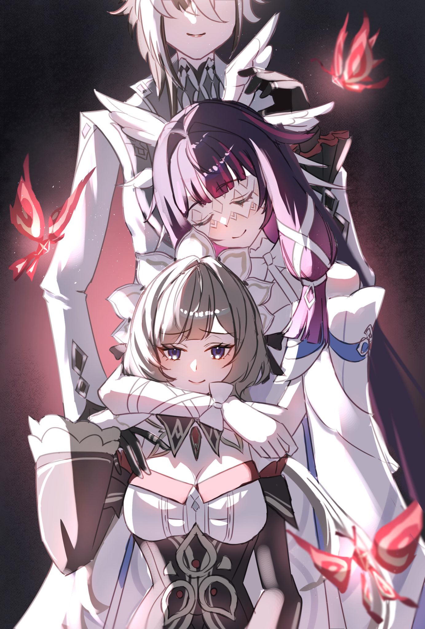 maaashuro, arlecchino (genshin impact), columbina (genshin impact), crimson lotus moth (genshin impact), sandrone (genshin impact), genshin impact, commentary request, highres, 3girls, black hair, black hands, blue eyes, breasts, brown hair, bug, butterfly, closed eyes, colored extremities, detached collar, dress, eye mask, frilled cuffs, grey hair, hand on another's shoulder, head out of frame, head tilt, head wings, headdress, hug, hug from behind, insect, jacket, long hair, looking at viewer, mask, medium breasts, multicolored hair, multiple girls, purple hair, short hair with long locks, smile, white dress, white jacket, wide sleeves, wings