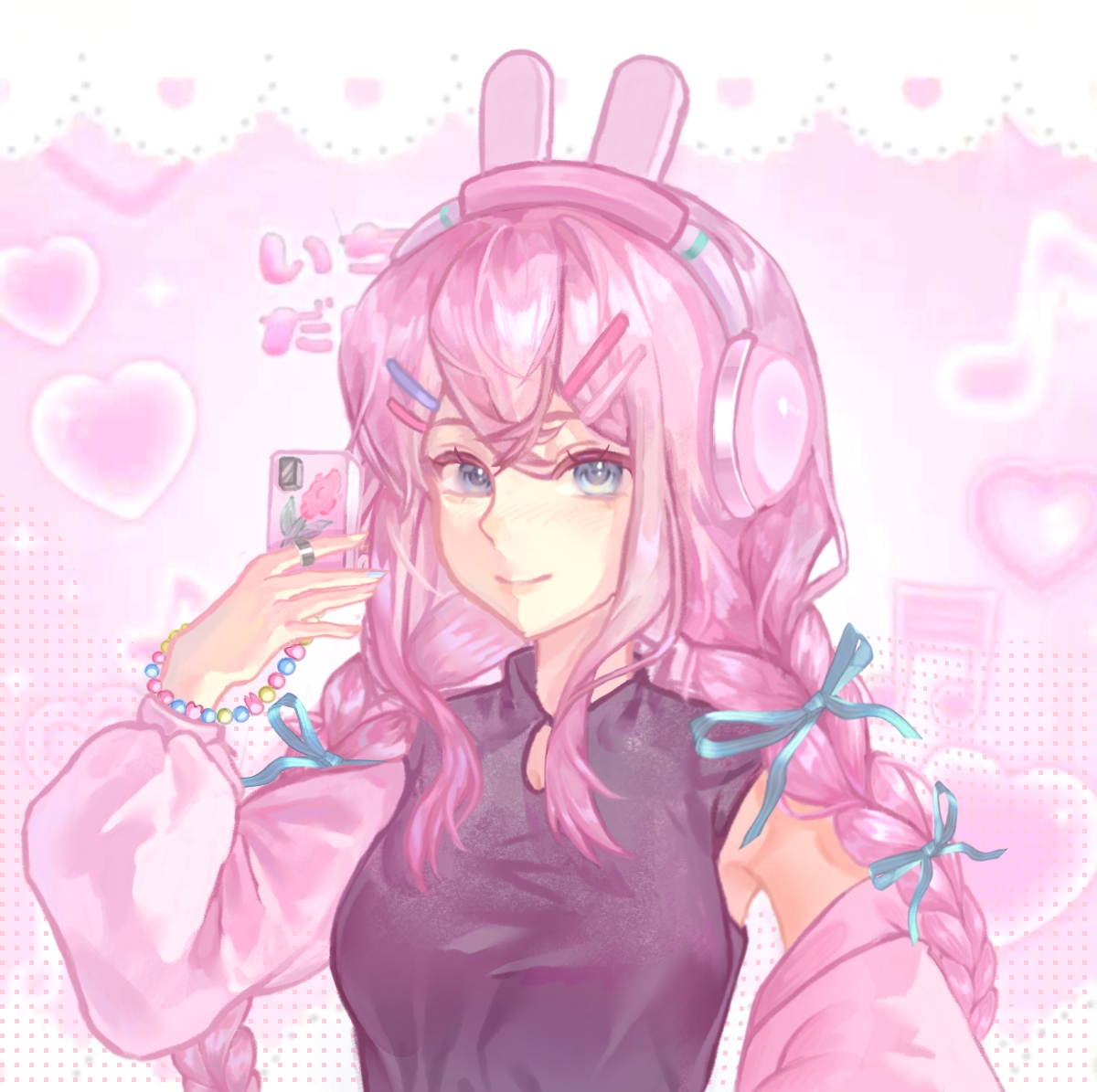 aubrey (birthday) (omori), aubrey (faraway) (omori), aubrey (omori), omori, chinese commentary, commentary request, 1girl, ||/, aegyo sal, animal ear headphones, animal ears, arm at side, bead bracelet, beads, black shirt, blue eyes, blue nails, blue ribbon, bracelet, braid, breasts, closed mouth, clothing cutout, crossed bangs, double-parted bangs, fake animal ears, hair between eyes, hair ornament, hair ribbon, hairclip, halftone, halftone background, hand up, headphones, heart, heart background, holding, holding phone, jacket, jacket partially removed, jewelry, long hair, long sleeves, looking at viewer, low twin braids, multicolored nails, musical note, nail polish, official alternate costume, official alternate hairstyle, open clothes, open jacket, parallel hairclips, phone, pink background, pink hair, pink jacket, pink nails, puffy long sleeves, puffy sleeves, rabbit ear headphones, rabbit ears, ribbon, ring, shirt, sidelocks, simple background, single bare shoulder, sleeveless, sleeveless shirt, sleeveless turtleneck, small breasts, smile, solo, turtleneck, turtleneck shirt, twin braids, upper body, xinjinjumin286838600774, yellow nails
