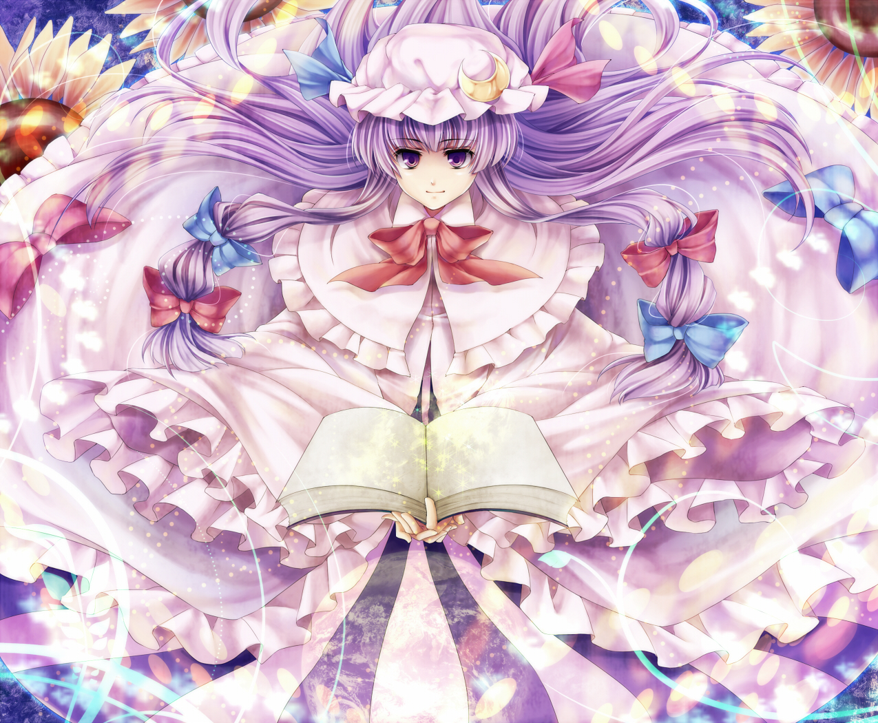hagiwara rin, patchouli knowledge, touhou, eyebrows, bad id, bad pixiv id, 1girl, asymmetrical clothes, blue bow, book, bow, capelet, crescent, crescent hair ornament, dress, female focus, flower, frilled capelet, frilled dress, frills, fringe trim, hair bow, hair ornament, hair ribbon, hat, long hair, magic, mob cap, multiple hair bows, open book, purple eyes, purple hair, red bow, ribbon, solo, sunflower