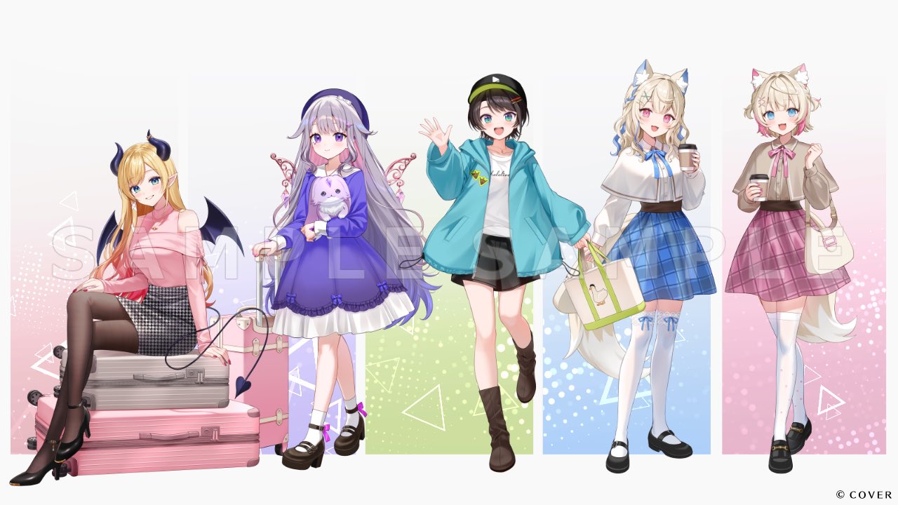 momoshiki tsubaki, fuwawa abyssgard, koseki bijou, mococo abyssgard, oozora subaru, yuzuki choco, hololive, hololive english, commentary request, official art, 5girls, :d, animal ears, aqua eyes, aqua jacket, bag, bandaid, bandaid hair ornament, baseball cap, beret, black hair, black hat, black horns, black pantyhose, black shoes, black shorts, black skirt, blonde hair, blue eyes, blue hair, blue skirt, boots, brown boots, brown capelet, brown shirt, capelet, center-flap bangs, closed mouth, colored inner hair, copyright name, cup, demon girl, demon horns, demon tail, demon wings, disposable coffee cup, disposable cup, dog ears, dog girl, dog tail, double-parted bangs, dress, full body, gradient hair, grey hair, hair between eyes, hair ornament, hair ribbon, hand up, handbag, hat, high heels, holding, holding cup, holding suitcase, hood, hooded jacket, horns, jacket, jewel under eye, jewelry, long hair, long sleeves, looking at viewer, mary janes, metal wings, multicolored hair, multiple girls, necklace, official alternate costume, open mouth, pantyhose, pencil skirt, pink eyes, pink hair, pink shirt, pink skirt, pointy ears, purple dress, purple eyes, purple hat, ribbon, sample watermark, shirt, shoes, short hair, shorts, siblings, sisters, sitting, skirt, smile, socks, standing, strappy heels, streaked hair, suitcase, swept bangs, tail, thighhighs, tress ribbon, twins, two side up, very long hair, virtual youtuber, watermark, waving, white capelet, white shirt, white socks, white thighhighs, wings, x hair ornament