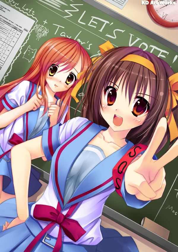 caidychen, asahina mikuru, suzumiya haruhi, suzumiya haruhi no yuuutsu, bad id, bad pixiv id, 00s, 2girls, armband, blush, board eraser, brown eyes, brown hair, chalkboard, chibi, english text, multiple girls, red hair, school uniform, serafuku, thumbs up, v, yellow eyes