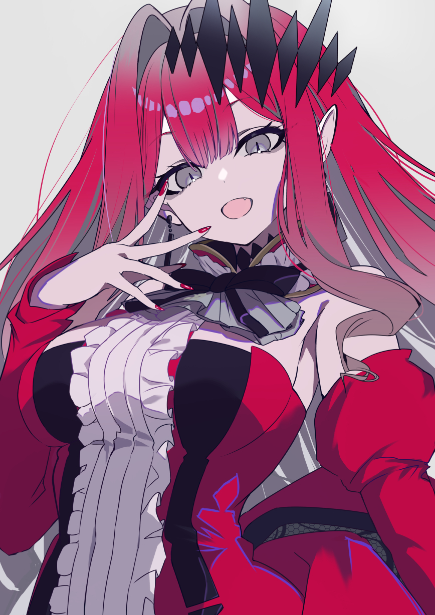 neko daruma, baobhan sith (fate), baobhan sith (first ascension) (fate), fate/grand order, fate (series), commentary request, highres, 1girl, bare shoulders, breasts, center frills, detached collar, detached sleeves, dress, earrings, frills, grey eyes, jewelry, large breasts, long hair, looking at viewer, open mouth, pink hair, pointy ears, red dress, sidelocks, smile, solo, tiara