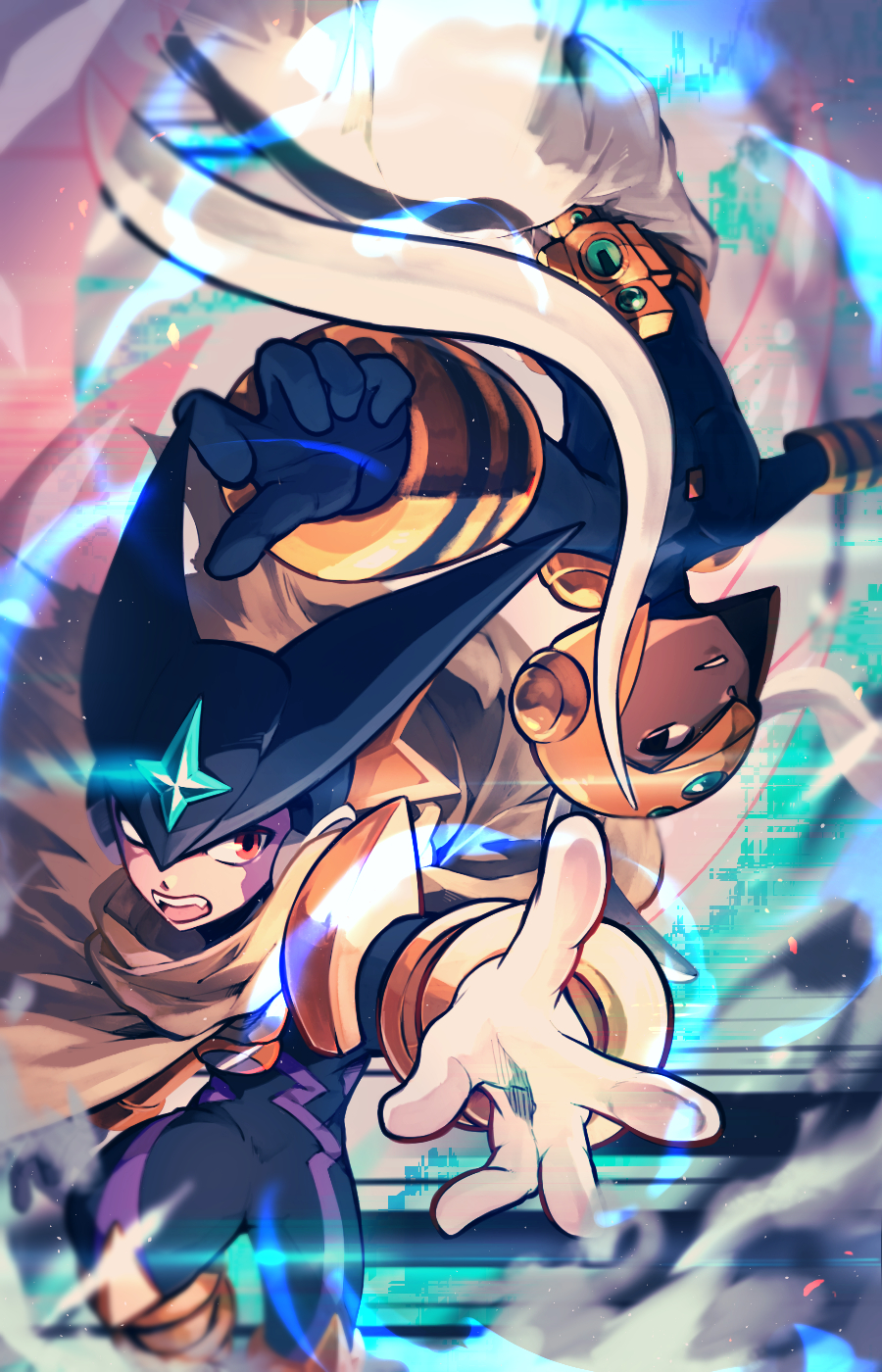 pechka, bass.exe (mega man), serenade (mega man), mega man (series), mega man battle network (series), commentary request, highres, 2boys, black bodysuit, bodysuit, brown cloak, cloak, covered pectorals, dark-skinned male, dark skin, fangs, genderswap, genderswap (otm), multiple boys, open mouth, outstretched arm, pants, pectorals, red eyes, smoke, upside-down, white pants