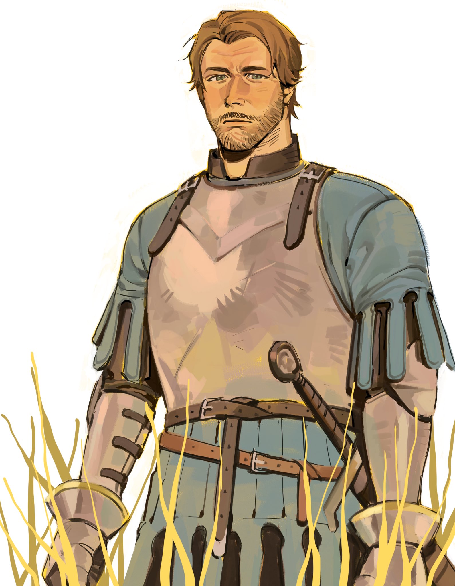 kunnuscumnus, arthur morgan, red dead redemption (series), red dead redemption 2, commentary, english commentary, highres, 1boy, alternate costume, armor, beard stubble, belt around waist, blonde hair, blue tunic, breastplate, closed mouth, cowboy shot, facial hair, gorget, green eyes, knight, looking at viewer, mature male, on grass, scar, scar on chin, scar on face, short hair, side part, standing, stubble, sword, tunic, weapon, white background