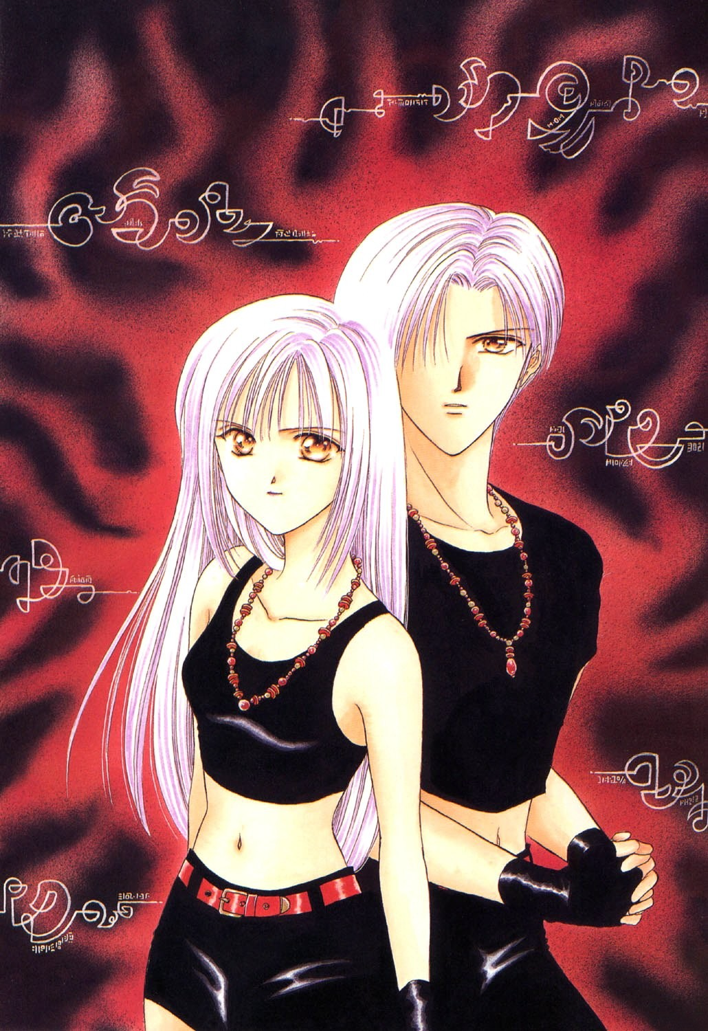 mikage aki (ayashi no ceres), mikage aya, ayashi no ceres, highres, brother and sister, fingerless gloves, gloves, jewelry, midriff, necklace, purple hair, siblings, twins