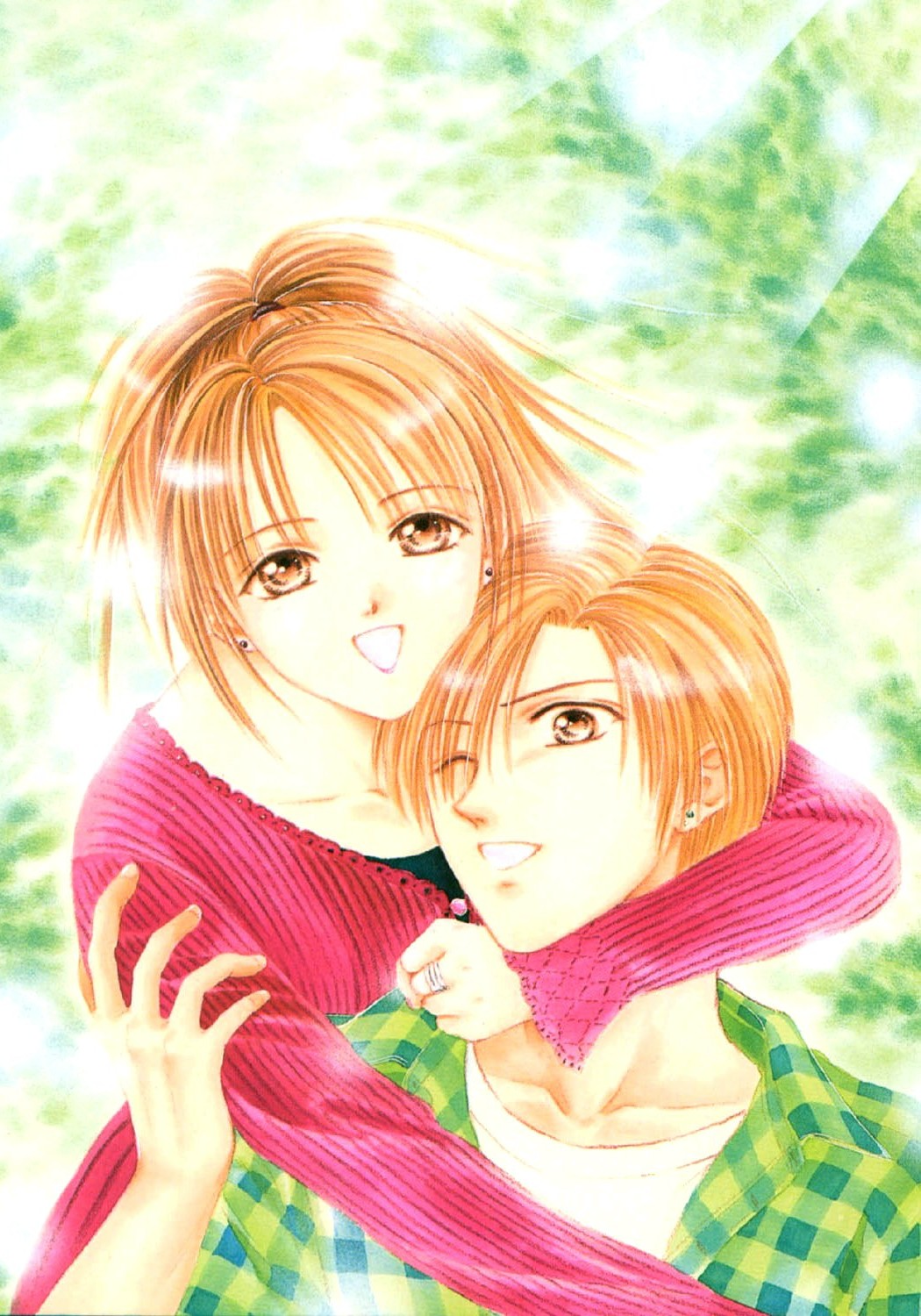 mikage aki (ayashi no ceres), mikage aya, ayashi no ceres, highres, blonde hair, earrings, hug, jewelry, siblings, twins, wink