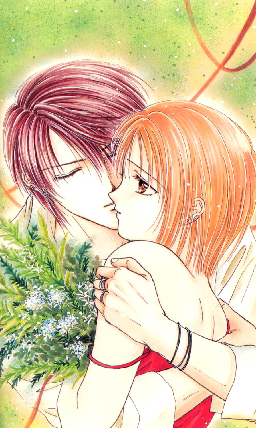 mikage aya, tooya (ayashi no ceres), ayashi no ceres, highres, bouquet, closed eyes, couple, flower, kiss, orange hair