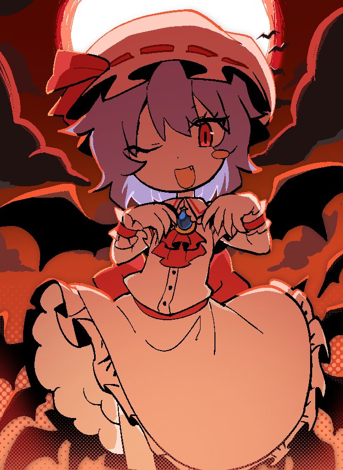 kokum0tsu, remilia scarlet, touhou, commentary, english commentary, 1girl, animal, ascot, back bow, bat (animal), bat wings, black wings, blue gemstone, blue hair, blush stickers, bow, brooch, buttons, circle skirt, claw pose, claws, cloud, collared shirt, cowboy shot, dot nose, dress shirt, eyelashes, fang, frilled shirt collar, frilled skirt, frilled sleeves, frilled wrist cuffs, frills, full moon, gem, hair between eyes, halftone, happy, hat, hat bow, jewelry, looking at viewer, medium skirt, mob cap, moon, night, one eye closed, open mouth, outdoors, petticoat, puffy short sleeves, puffy sleeves, red ascot, red bow, red eyes, red sky, red wrist cuffs, ribbon-trimmed headwear, ribbon trim, shirt, short hair, short sleeves, single blush sticker, skirt, sky, slit pupils, smile, solo, spread wings, standing, straight-on, vampire, white hat, white shirt, white skirt, wings, wrist cuffs