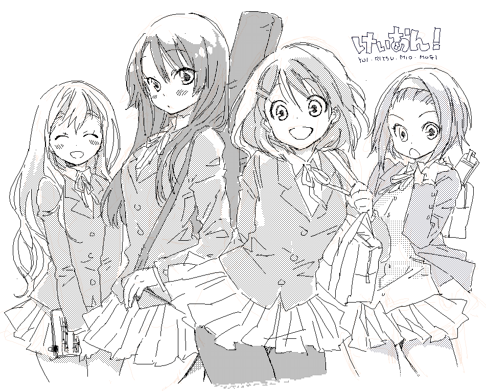 suga koharu, akiyama mio, hirasawa yui, kotobuki tsumugi, tainaka ritsu, k-on!, bad id, bad pixiv id, 00s, 4girls, blush, dithering, greyscale, ho-kago tea time, long hair, monochrome, multiple girls, pantyhose, school uniform, short hair, skirt