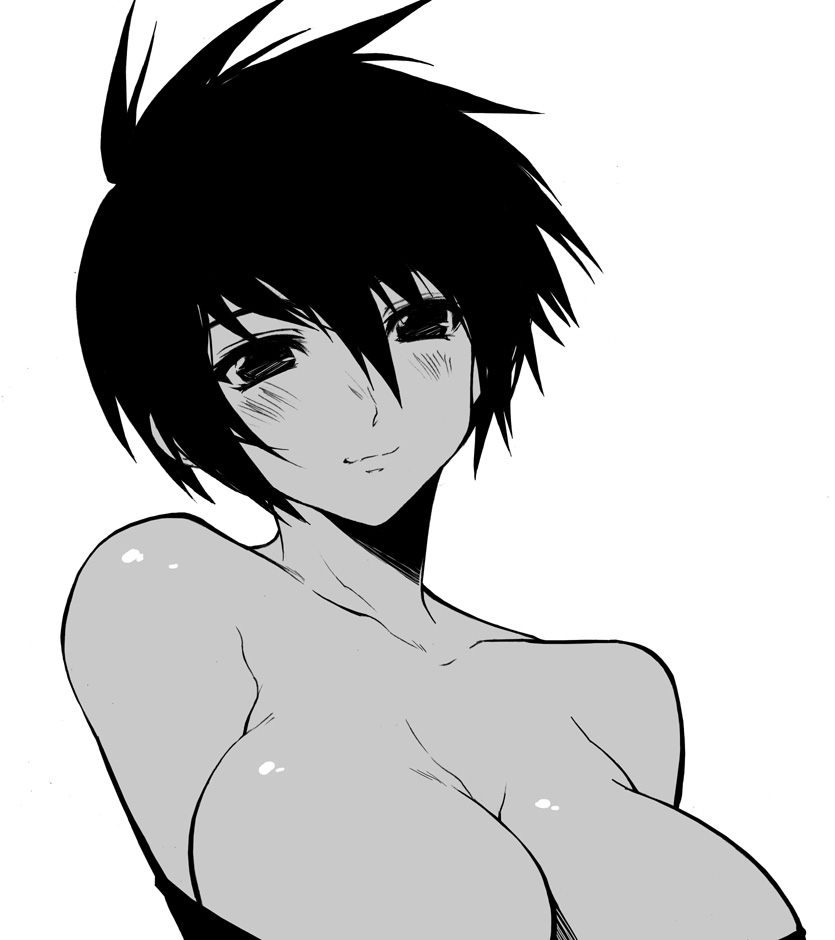 kotamaru (pajama soft), 1girl, bare shoulders, blush, breasts, cleavage, dark-skinned female, dark skin, female focus, grey theme, greyscale, huge breasts, monochrome, short hair, simple background, smile, solo, white background