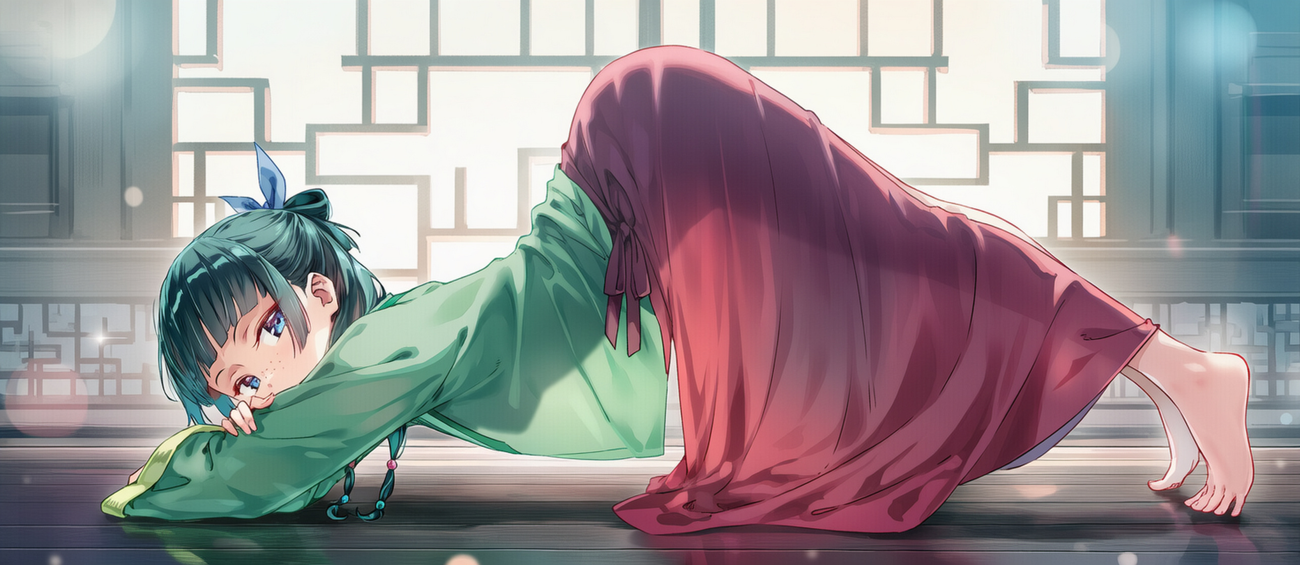 raaivault, maomao (kusuriya no hitorigoto), kusuriya no hitorigoto, highres, 1girl, aoqun, beads, blue bow, blue eyes, blue ribbon, blunt bangs, bow, breasts, chinese clothes, feet, female focus, freckles, full body, green hair, green hanfu, hair beads, hair bow, hair ornament, hair ribbon, hanfu, imminent penetration, imminent rape, imminent vaginal, long hair, long sleeves, looking at viewer, multi-tied hair, no bra, pants, pestle, ribbon, see-through clothes, see-through shirt, see-through skirt, sexually suggestive, shirt, skirt, small breasts, solo, solo focus, toes, top-down bottom-up