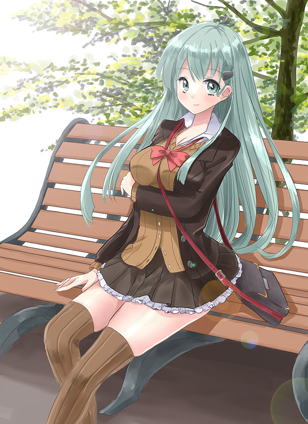 kitagawa mikio, suzuya (kancolle), suzuya kai ni (kancolle), kantai collection, commentary request, 1girl, bag, bench, blazer, bow, bowtie, breasts, brown cardigan, brown jacket, brown skirt, brown thighhighs, cardigan, frilled skirt, frills, green eyes, green hair, jacket, large breasts, pleated skirt, red bow, red bowtie, sitting, skirt, smile, solo, thighhighs, trembling