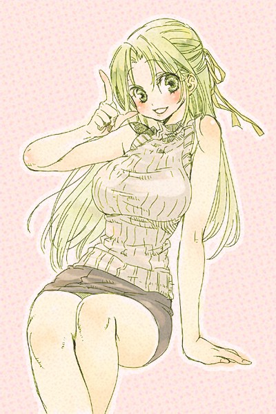 suga koharu, sonozaki shion, higurashi no naku koro ni, bad id, bad pixiv id, 00s, 1girl, blush, breasts, female focus, green eyes, green hair, half updo, large breasts, long hair, matching hair/eyes, pencil skirt, skirt, solo, sweater