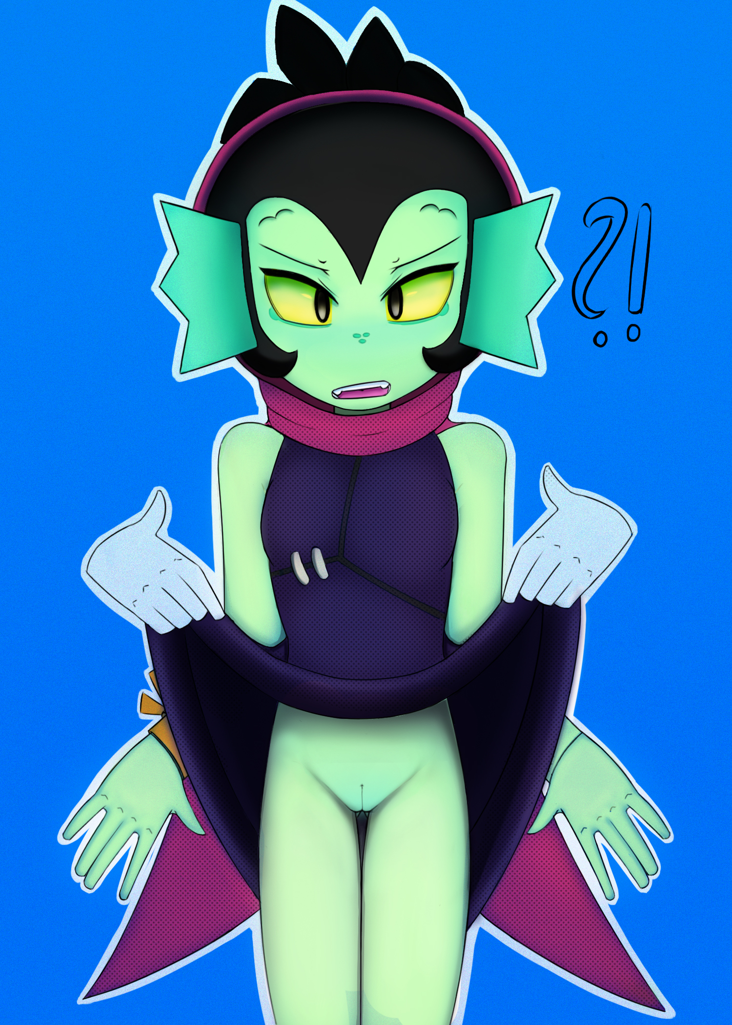 willow (brawl stars), hashtag-only commentary, highres, 1girl, black hair, cape, clothes lift, confused, monster girl, nude, pointy ears, pussy, scarf, short hair, skirt, skirt lift, willow, yellow eyes