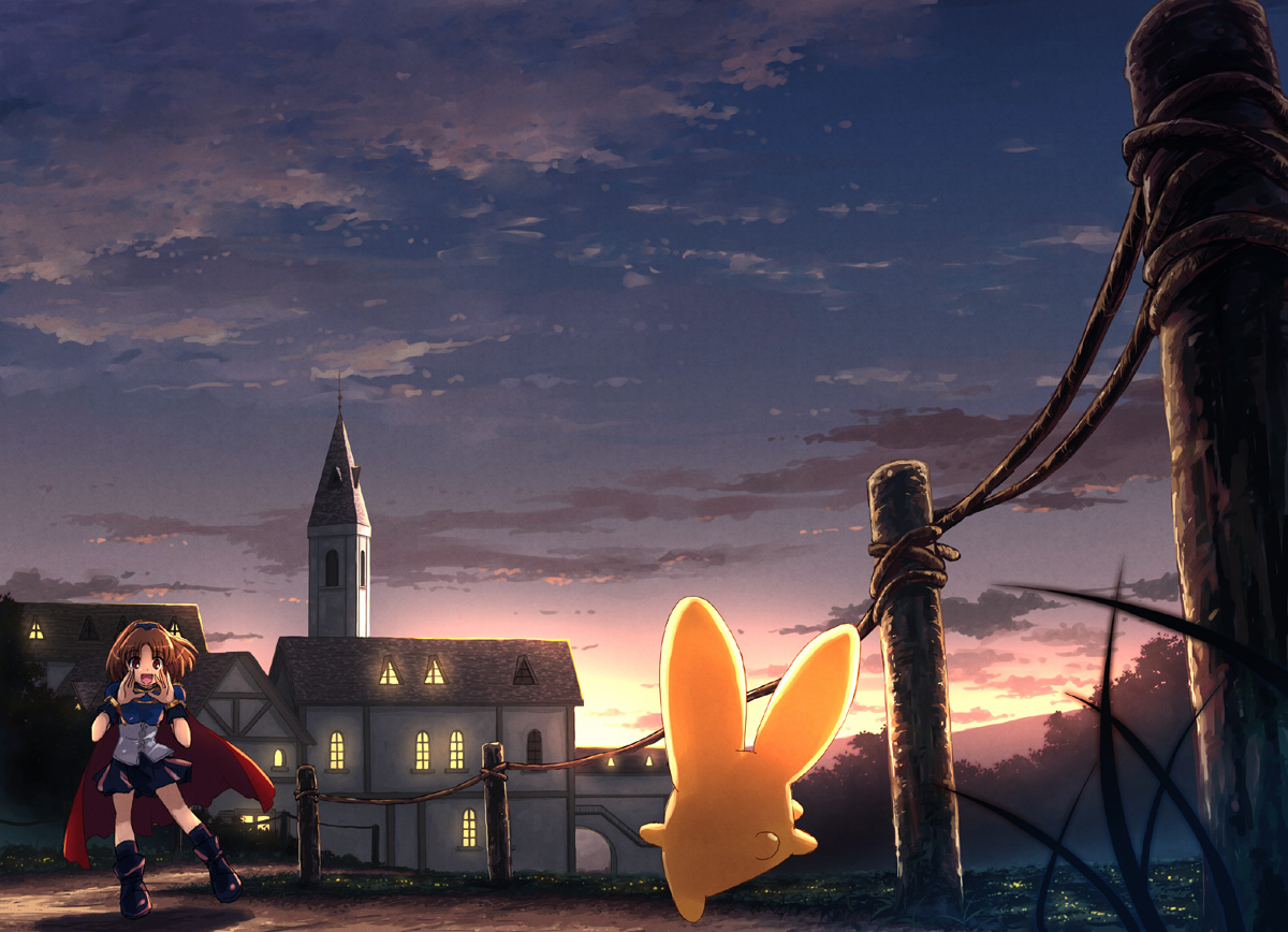 yakka, arle nadja, carbuncle (puyopuyo), madou monogatari, puyopuyo, puyopuyo n, boots, brown hair, cape, cloud, scenery, short hair, skirt, sky, solo, twilight