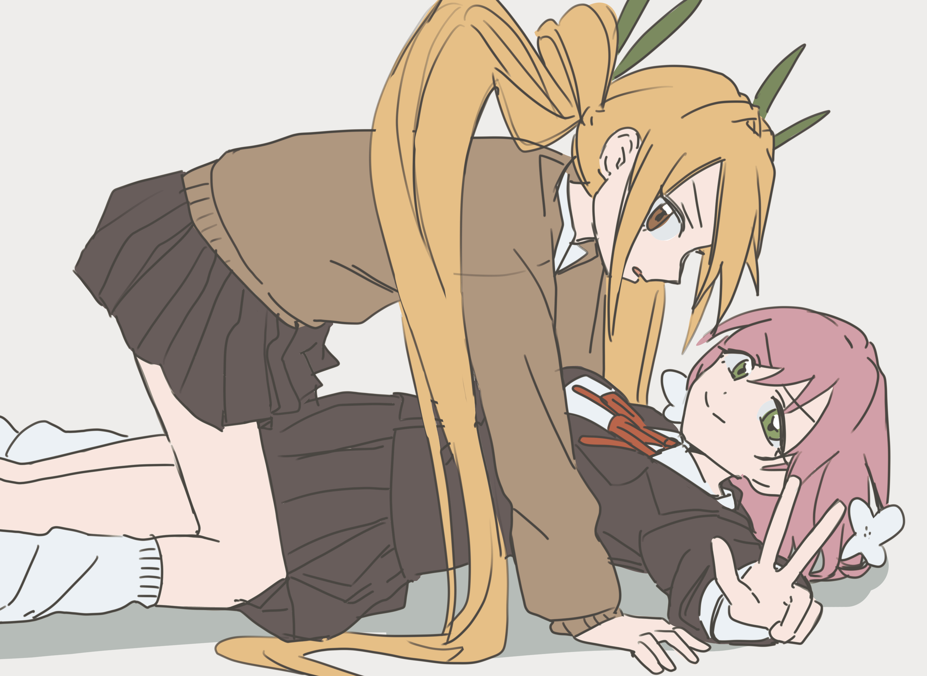 yasan 2, hanazono hakari, inda karane, kimi no koto ga dai dai dai dai daisuki na 100-nin no kanojo, highres, 2girls, all fours, blonde hair, breasts, flower, girl on top, green eyes, green ribbon, hair flower, hair ornament, hair ribbon, long hair, long sleeves, looking at viewer, lying, multiple girls, neck ribbon, ohananomitsu high school uniform, on back, open mouth, pink hair, ribbon, school uniform, shirt, short hair, simple background, skirt, smile, twintails, v, white shirt, yellow eyes, yuri