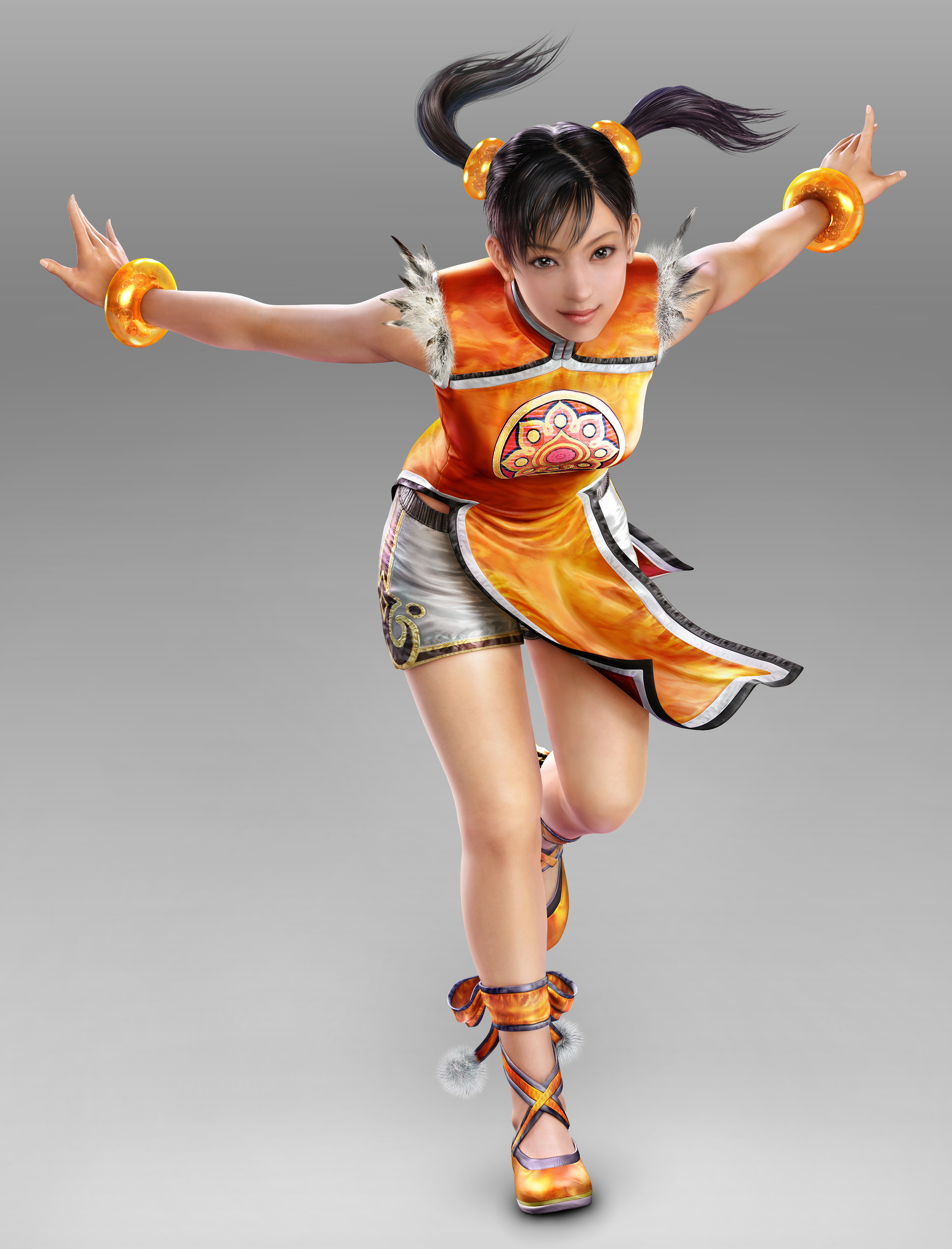 ling xiaoyu, namco, tekken, absurdres, highres, official art, 1girl, 3d, black hair, bracelet, brown eyes, china dress, chinese clothes, dress, female focus, jewelry, no socks, orange shirt, shirt, shorts, smile, solo, twintails