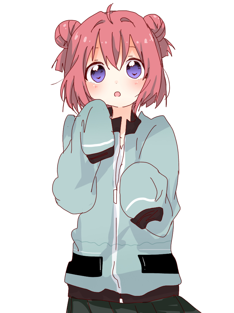 migimiya yoru, akaza akari, yuruyuri, commentary request, 1girl, ahoge, cowboy shot, double bun, hair bun, jacket, looking at viewer, paw pose, purple eyes, red hair, short hair, simple background, sleeves past wrists, solo, track jacket, twintails, two side up, white background