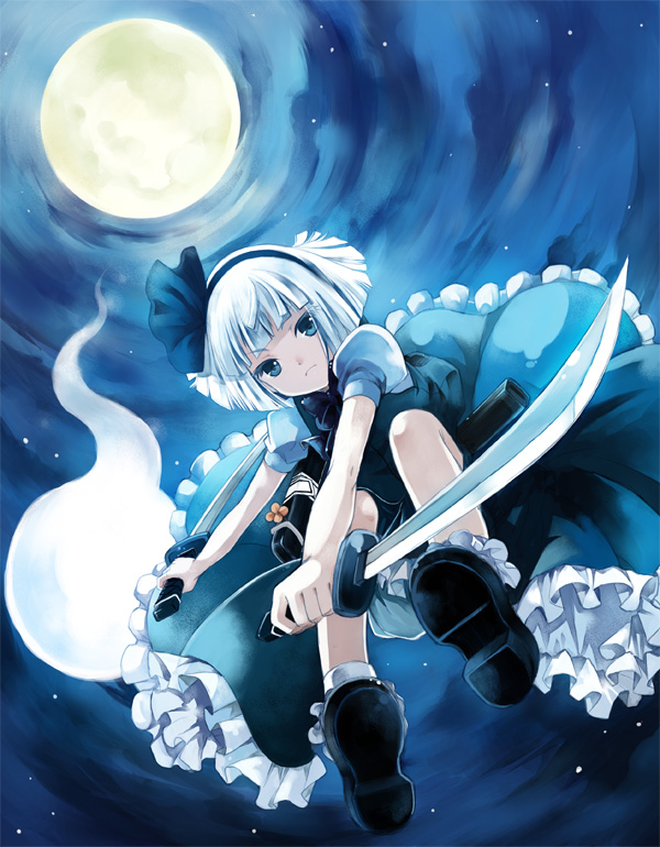 kaedena akino, miyabi akino, konpaku youmu, konpaku youmu (ghost), touhou, bad id, bad pixiv id, 1girl, blue eyes, blunt bangs, bob cut, dual wielding, female focus, from below, full moon, ghost, hitodama, holding, katana, moon, night, short hair, solo, sword, tanto, weapon, white hair