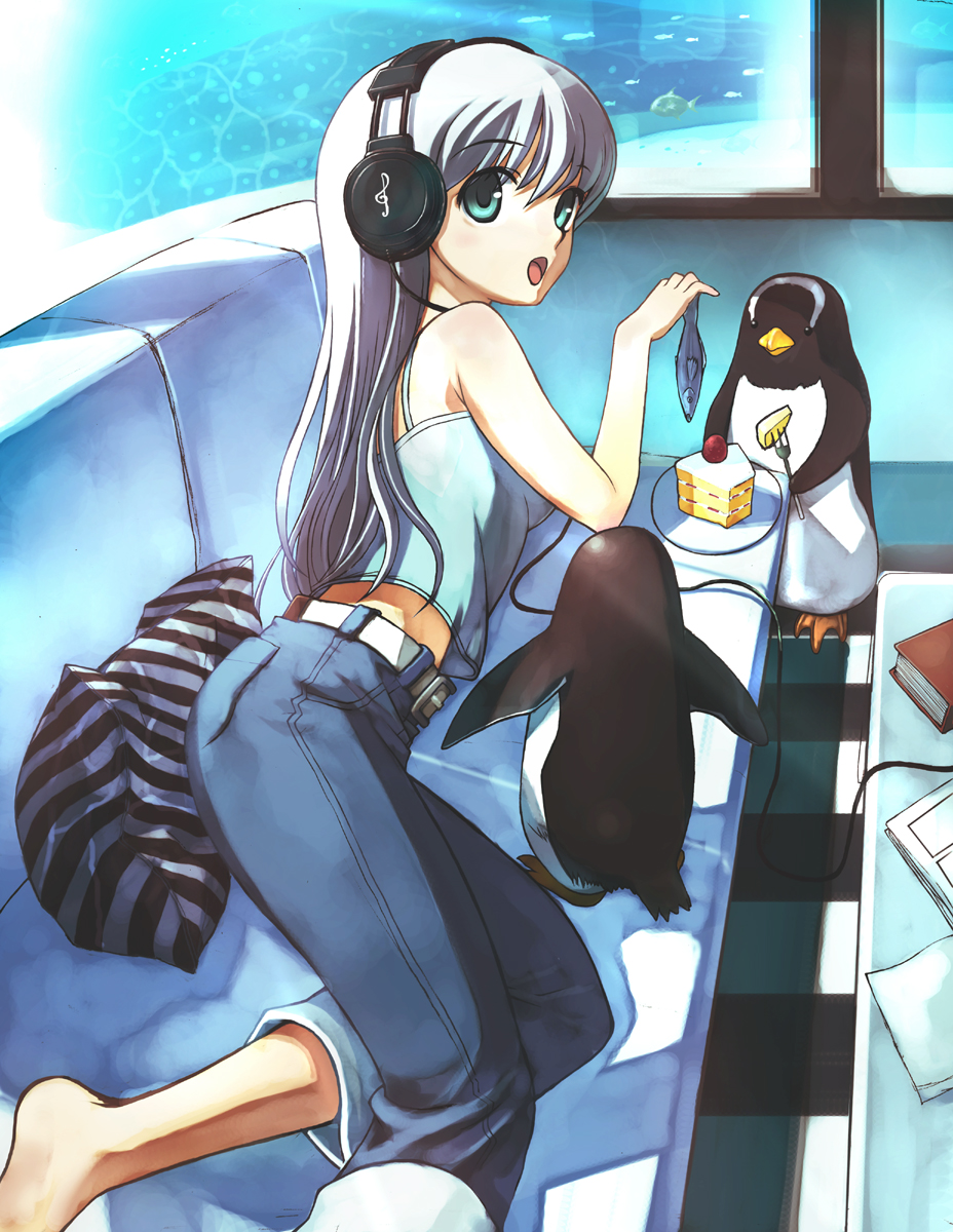 hirokiku, original, highres, 1girl, barefoot, bird, blue eyes, cake, capri pants, casual, denim, female focus, fish, food, headphones, jeans, looking back, lying, midriff, pants, pastry, penguin, solo, white hair