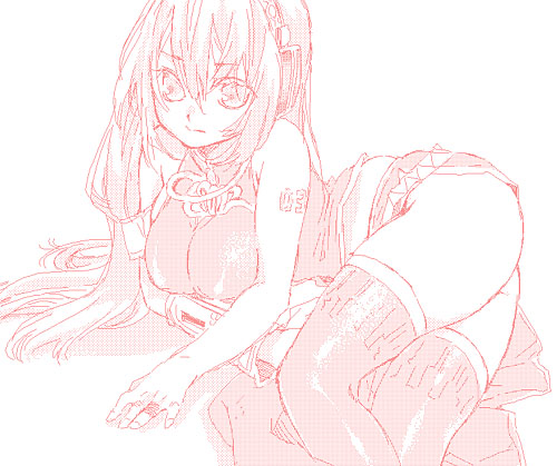 suga koharu, megurine luka, vocaloid, bad id, bad pixiv id, lowres, ass, breasts, detached sleeves, headset, large breasts, long hair, monochrome, skirt, solo