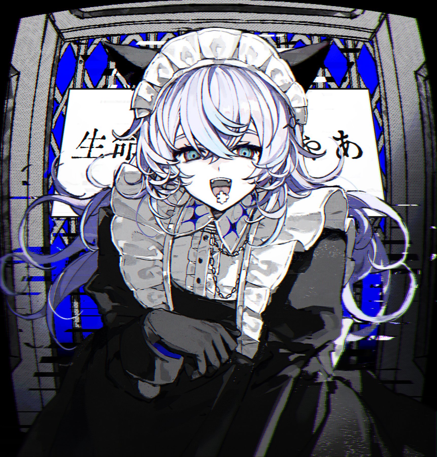 hk 0124, hoshirube sho, nijisanji, highres, 1boy, alternate costume, animal ears, apron, aqua eyes, black dress, black gloves, cat ears, crossdressing, crossdressing (mtf), dress, enmaided, fake animal ears, fangs, gloves, juliet sleeves, long hair, long sleeves, looking at viewer, maid, maid apron, maid headdress, male focus, male maid, multicolored hair, puffy sleeves, purple hair, solo, streaked hair, tongue, tongue out, virtual youtuber, white apron