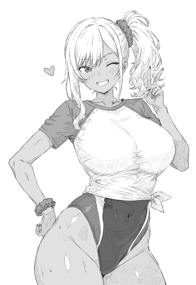 ranhatu, original, commentary, symbol-only commentary, 1girl, breasts, competition swimsuit, cowboy shot, dark-skinned female, dark skin, greyscale, grin, gyaru, hand on own hip, highleg, highleg one-piece swimsuit, large breasts, monochrome, one-piece swimsuit, one eye closed, raglan sleeves, shirt, short sleeves, side ponytail, smile, solo, standing, sweat, swimsuit, tan, tied shirt, v, wavy hair