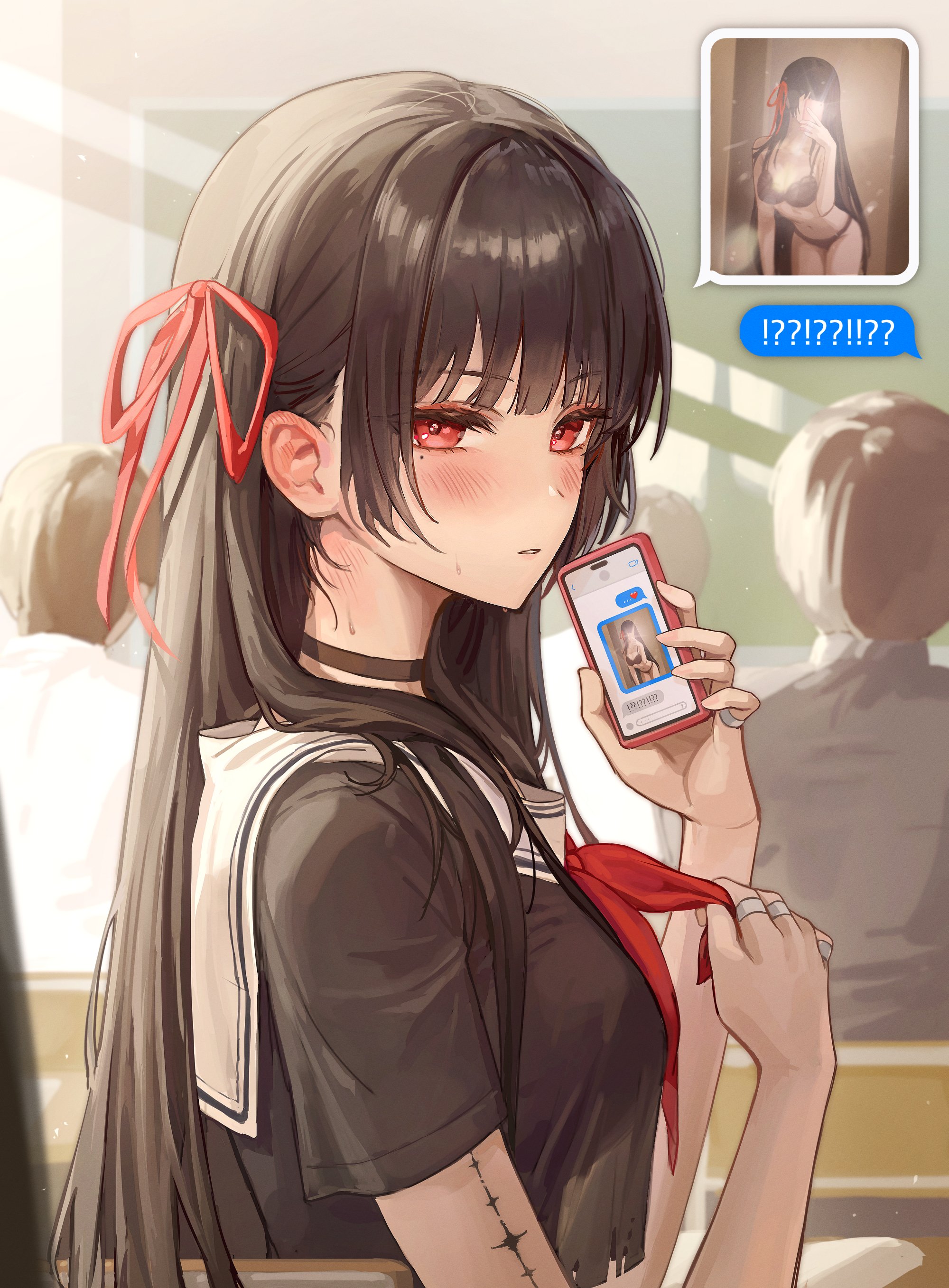 aibek, chisa (wuthering waves), wuthering waves, absurdres, commentary, highres, revision, symbol-only commentary, 1girl, black bra, black choker, black panties, black shirt, blush, bra, breasts, cellphone, choker, classroom, hair ribbon, holding, holding phone, indoors, looking at viewer, medium breasts, mole, mole under eye, neckerchief, panties, parted lips, people, phone, red eyes, red neckerchief, red ribbon, ribbon, sailor collar, shirt, short sleeves, smartphone, solo focus, tacet mark (wuthering waves), text messaging, underwear, upper body, white sailor collar