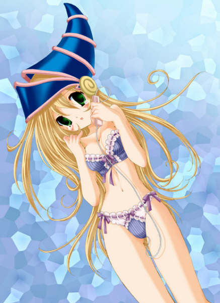 dark magician girl, yu-gi-oh!, yu-gi-oh! duel monsters, 1girl, blonde hair, bra, breasts, cleavage, dark, duel monster, female focus, frills, green eyes, helm, helmet, lingerie, long hair, magician, midriff, navel, panties, sex toy, solo, tears, underwear, vibrator