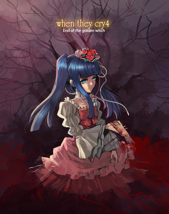 agasang, furudo erika, end of the golden witch, umineko no naku koro ni, 00s, 1girl, blood, blue eyes, blue hair, bow, choker, dress, female focus, flower, frills, glowing, glowing eyes, matching hair/eyes, pink bow, rose, severed hand, solo, twintails