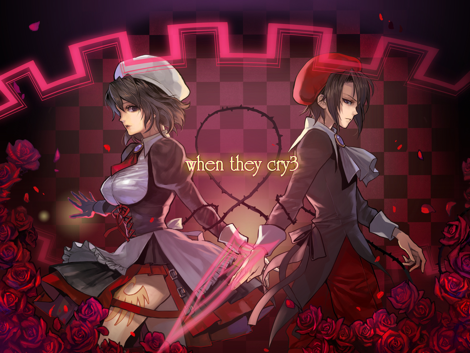 agasang, kanon (umineko), shannon (umineko), umineko no naku koro ni, highres, 00s, beret, brown eyes, brown hair, dress, flower, hat, maid, rose