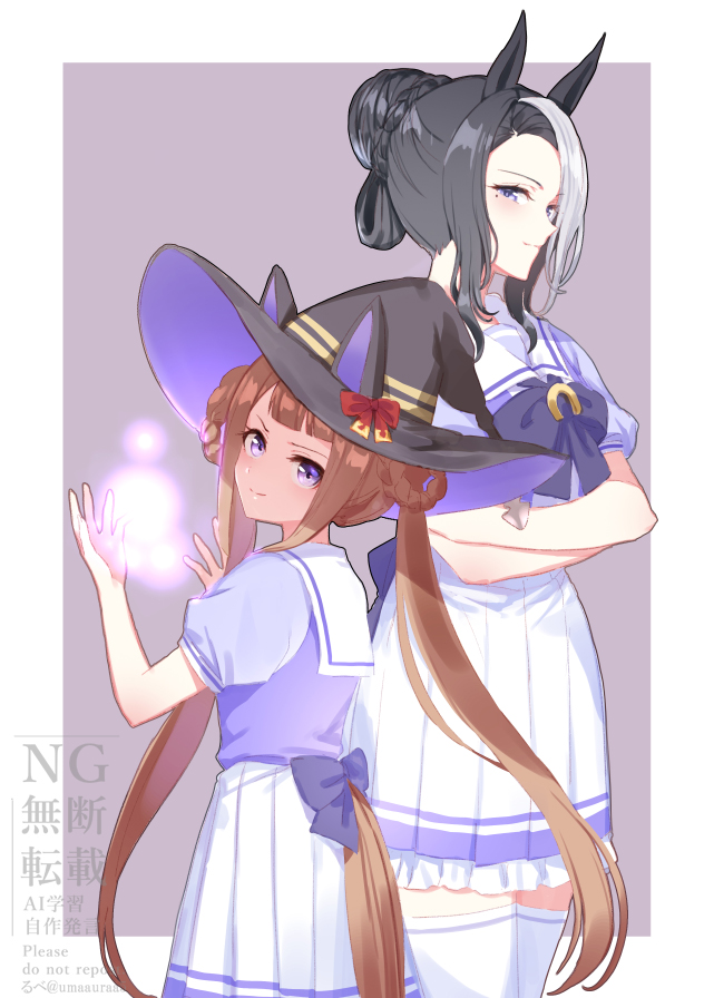 romi (346 ura), mejiro ramonu (umamusume), sweep tosho (umamusume), umamusume, commentary request, 2girls, animal ears, black hair, blush, bow, bowtie, braid, braided hair rings, breasts, brown hair, closed mouth, hair bun, hair rings, hat, horse ears, horse girl, horse tail, long hair, looking at viewer, mole, mole under eye, multicolored hair, multiple girls, pleated skirt, puffy sleeves, purple eyes, purple shirt, sailor collar, school uniform, shirt, short sleeves, skirt, smile, streaked hair, tail, tracen school uniform, twintails, white hair, witch hat