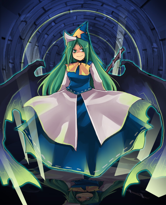 emon-yu, mima (touhou), touhou, touhou (pc-98), 1girl, ascot, blue dress, dress, female focus, green eyes, green hair, hat, long hair, matching hair/eyes, solo, staff, wings, wizard hat
