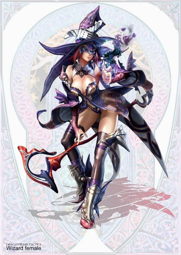 sinad aruatjanapat, dragonwars, dragonwars tactics, 1girl, boots, breasts, bridal gauntlets, cleavage, collar, detached collar, female focus, hat, large breasts, mask, medium hair, red hair, short hair, solo, staff, thighhighs, witch hat