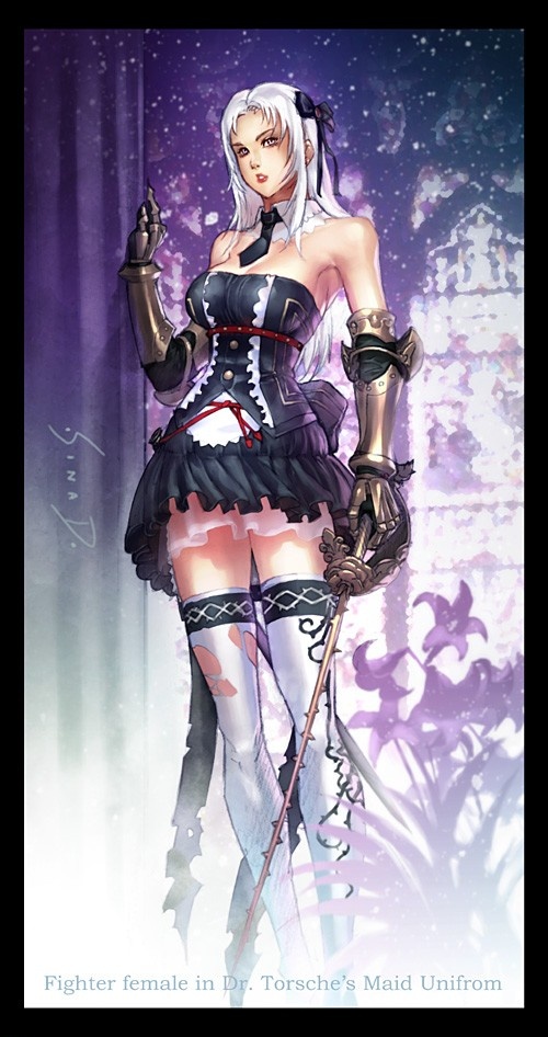 sinad aruatjanapat, fighter (granado espada), granado espada, 1girl, bare shoulders, dress, female focus, gauntlets, lipstick, long hair, makeup, necktie, rapier, solo, sword, thighhighs, torn clothes, torn thighhighs, weapon, white hair, zettai ryouiki