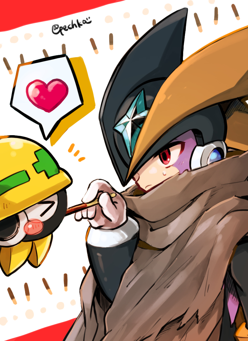 pechka, bass.exe (mega man), met (mega man), mega man (series), mega man battle network (series), commentary request, > <, 1boy, black helmet, blush stickers, brown cloak, cloak, food, heart, helmet, male focus, open mouth, pocky, red eyes, speech bubble, spoken heart, sweatdrop, twitter username