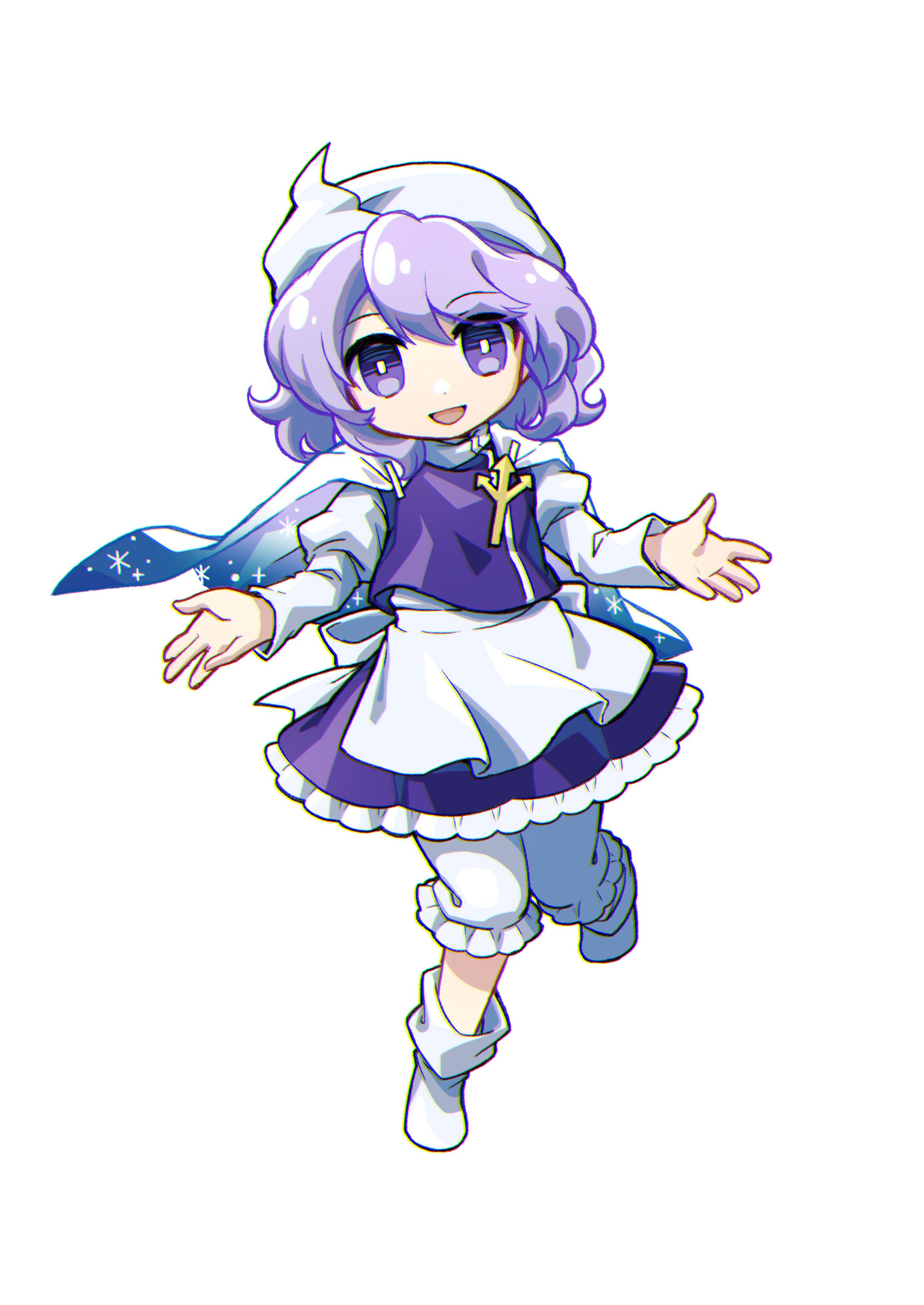 socha, letty whiterock, touhou, absurdres, commentary request, highres, 1girl, :d, apron, boots, cape, full body, hat, looking at viewer, open mouth, purple eyes, purple hair, purple vest, shirt, short hair, simple background, smile, snowflake print, solo, two-sided cape, two-sided fabric, vest, waist apron, white background, white boots, white cape, white hat, white shirt