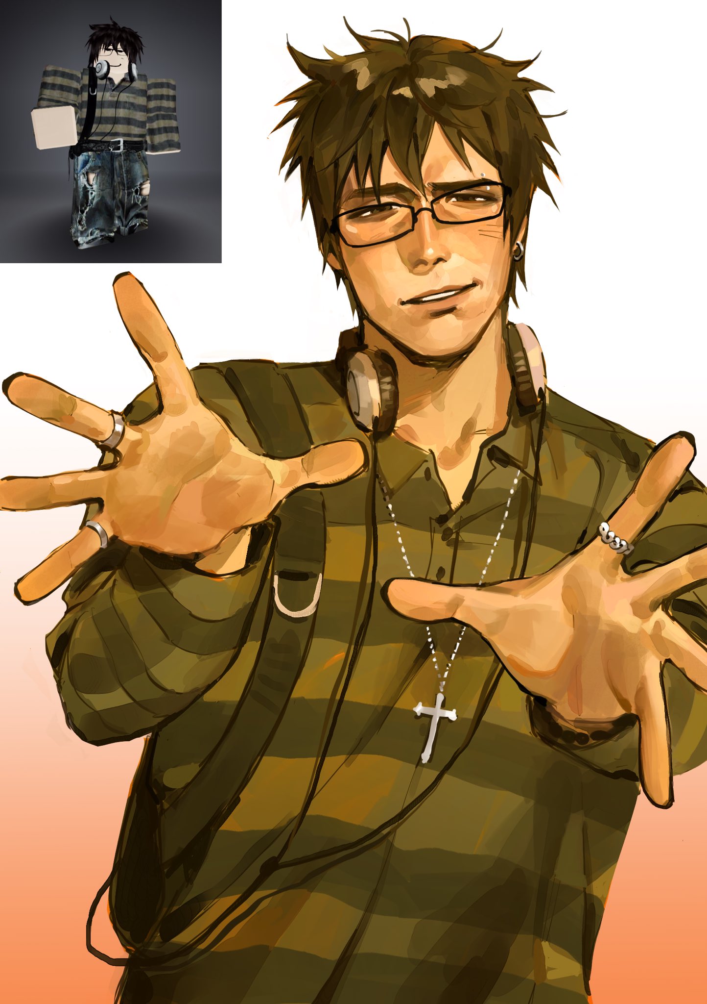 kunnuscumnus, player character (roblox), roblox, silver necklace, highres, 1boy, backpack, bag, bead bracelet, beads, black-framed eyewear, bracelet, brown eyes, brown hair, cross, cross necklace, earrings, eyebrow piercing, face piercing, furrowed brow, game screenshot inset, gradient background, green shirt, half-closed eyes, hands up, headphones, headphones around neck, henley shirt, jewelry, long sleeves, multiple rings, necklace, open hands, orange background, piercing, raised eyebrow, rectangular eyewear, reference inset, ring, shirt, short hair, single earring, smirk, striped clothes, striped shirt, teeth, two-tone background, upper body, white background