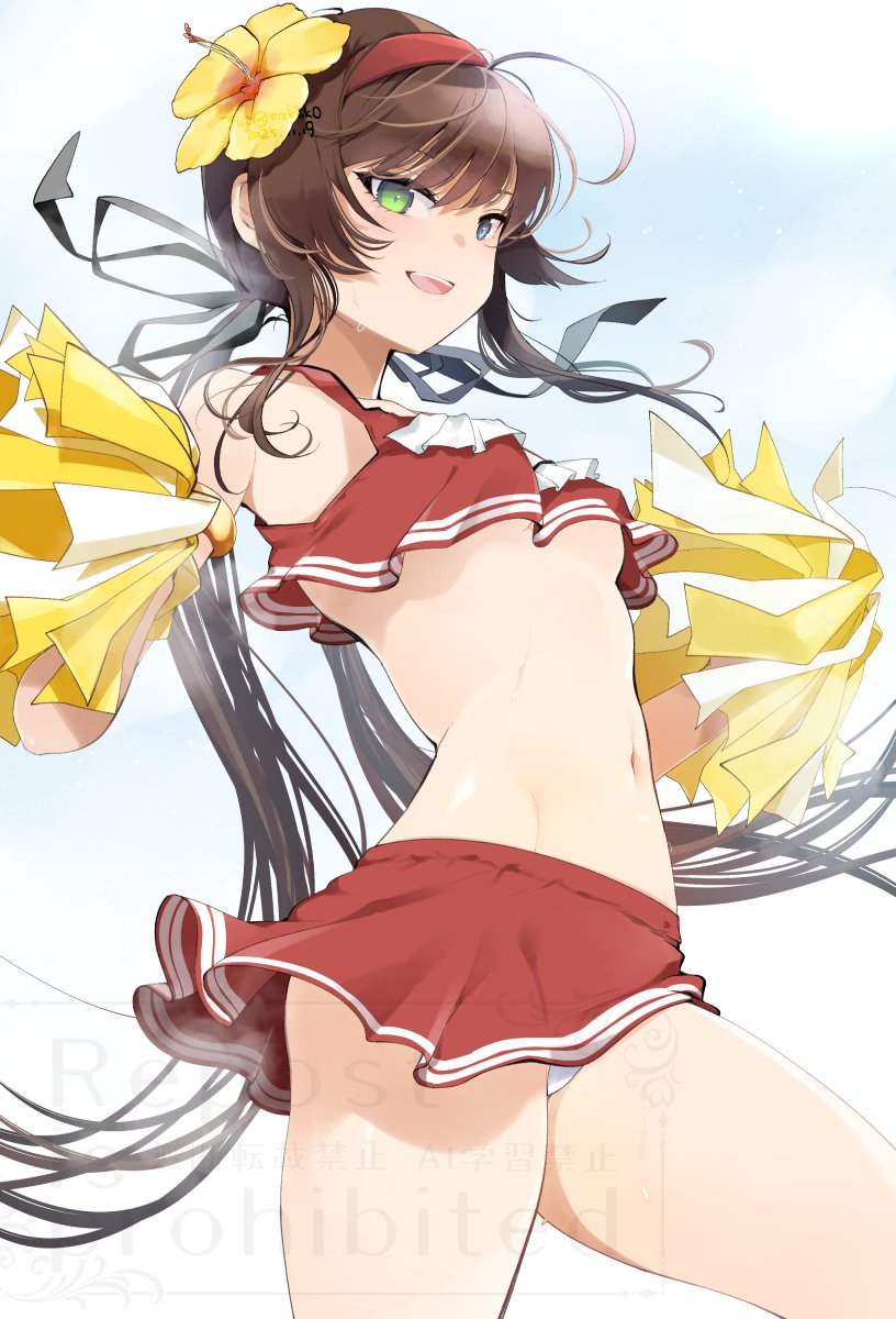 kinako (mzknk0), ryoubi (senran kagura), senran kagura, senran kagura shinovi versus, commentary request, highres, ahoge, blue eyes, breasts, brown hair, cheering, cheerleader, crop top, crop top overhang, flower, green eyes, hair flower, hair ornament, hairband, heterochromia, holding, holding pom poms, looking at viewer, looking to the side, low twintails, midriff, miniskirt, navel, no bra, open mouth, panties, pantyshot, pom pom (cheerleading), pom poms, red hairband, red shirt, red skirt, shirt, skirt, small breasts, smile, sweat, sweatdrop, twintails, underwear, white panties, yellow flower