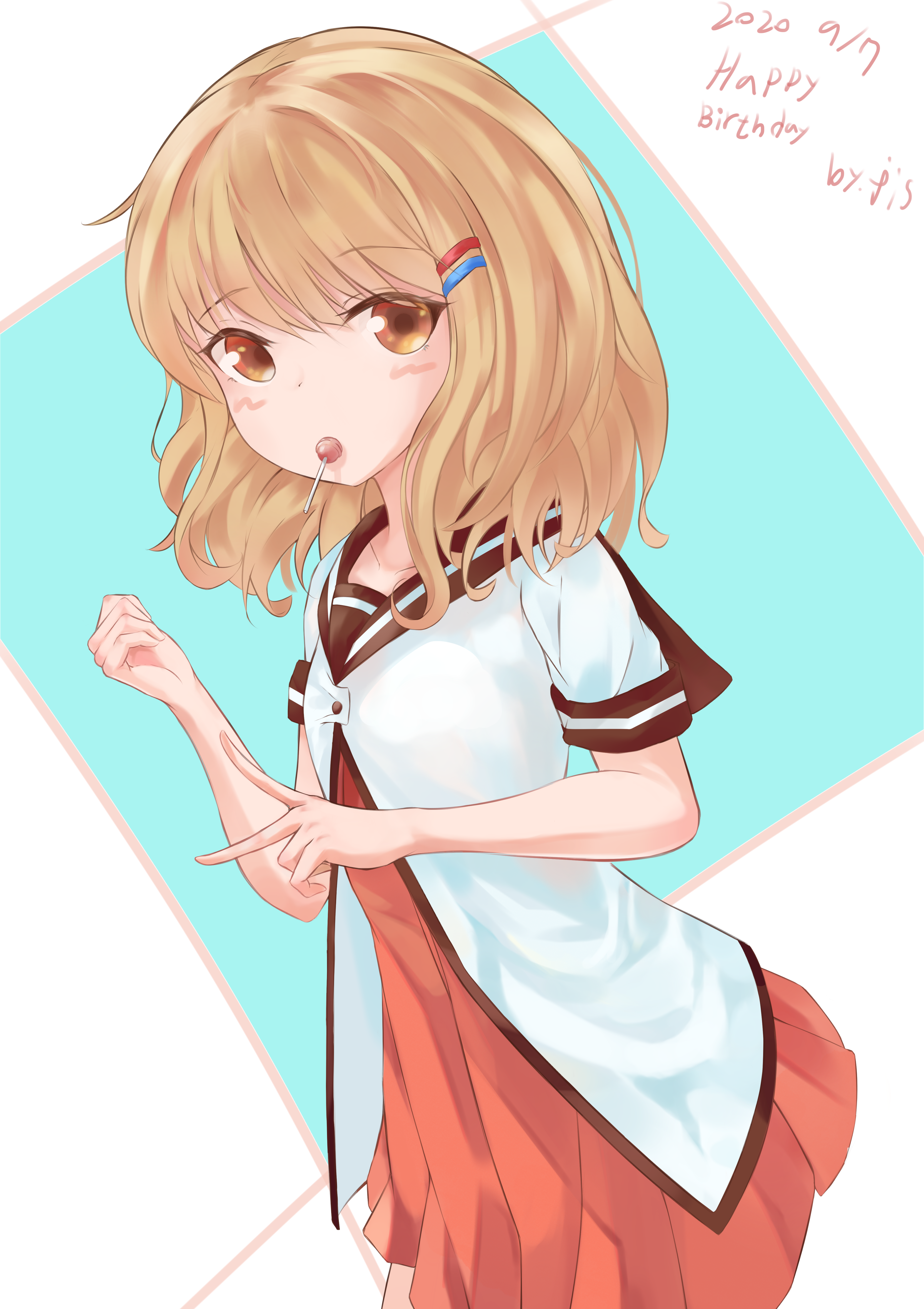 keibi inu, oomuro sakurako, yuruyuri, absurdres, highres, 1girl, 2020, blonde hair, brown eyes, brown sailor collar, buttons, candy, cowboy shot, dress, fang, flat chest, food, hair ornament, hairclip, hands up, happy birthday, looking at viewer, nanamori school uniform, parallel hairclips, pleated dress, red dress, sailor collar, sailor shirt, school uniform, shirt, short sleeves, simple background, solo, v, white shirt