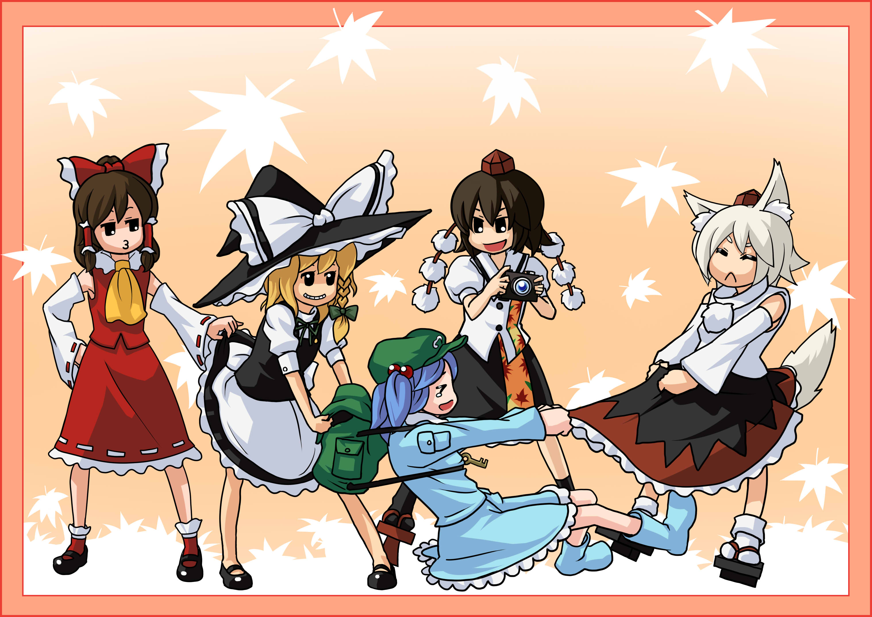 hijiri (pixiv), hijirisu (spity), hakurei reimu, inubashiri momiji, kawashiro nitori, kirisame marisa, shameimaru aya, touhou, highres, > <, 5girls, animal ears, backpack, bag, black hair, blonde hair, blue hair, border, bow, braid, brown hair, camera, closed eyes, detached sleeves, female focus, geta, hat, japanese clothes, leaf, maple leaf, mary janes, miko, multiple girls, no socks, o3o, randoseru, red border, shoes, short hair, tail, tengu-geta, tokin hat, twintails, two side up, white hair, witch, witch hat, wolf ears, wolf tail