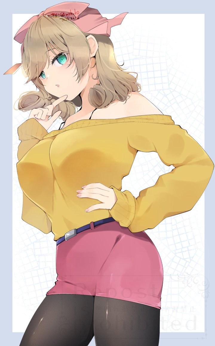 kinako (mzknk0), haruka (senran kagura), senran kagura, senran kagura shinovi versus, commentary request, :o, black pantyhose, bow, bra strap, breasts, brown hair, curly hair, finger to face, green eyes, hair bow, hand on own hip, large breasts, long sleeves, looking at viewer, medium hair, pantyhose, pencil skirt, pink bow, pink skirt, skirt, sweater, yellow sweater