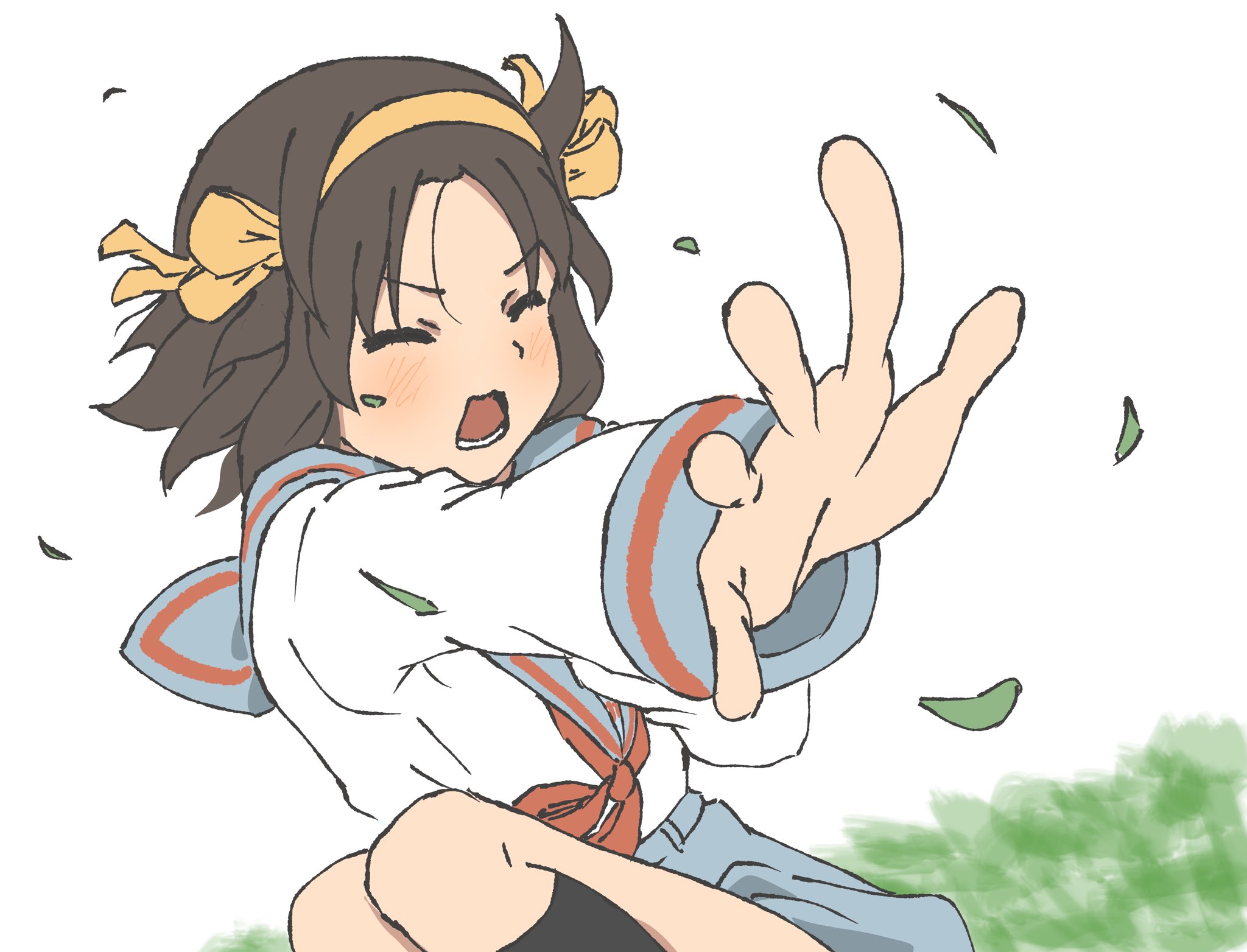 waka 849, suzumiya haruhi, suzumiya haruhi no yuuutsu, highres, 1girl, blue sailor collar, blue skirt, closed eyes, floating hair, hair ribbon, hairband, kita high school uniform, kneehighs, leaf, medium hair, open hand, open mouth, outdoors, red ribbon, ribbon, sailor collar, school uniform, serafuku, shirt, skirt, socks, solo, v-shaped eyebrows, white shirt, wind, yellow hairband, yellow ribbon