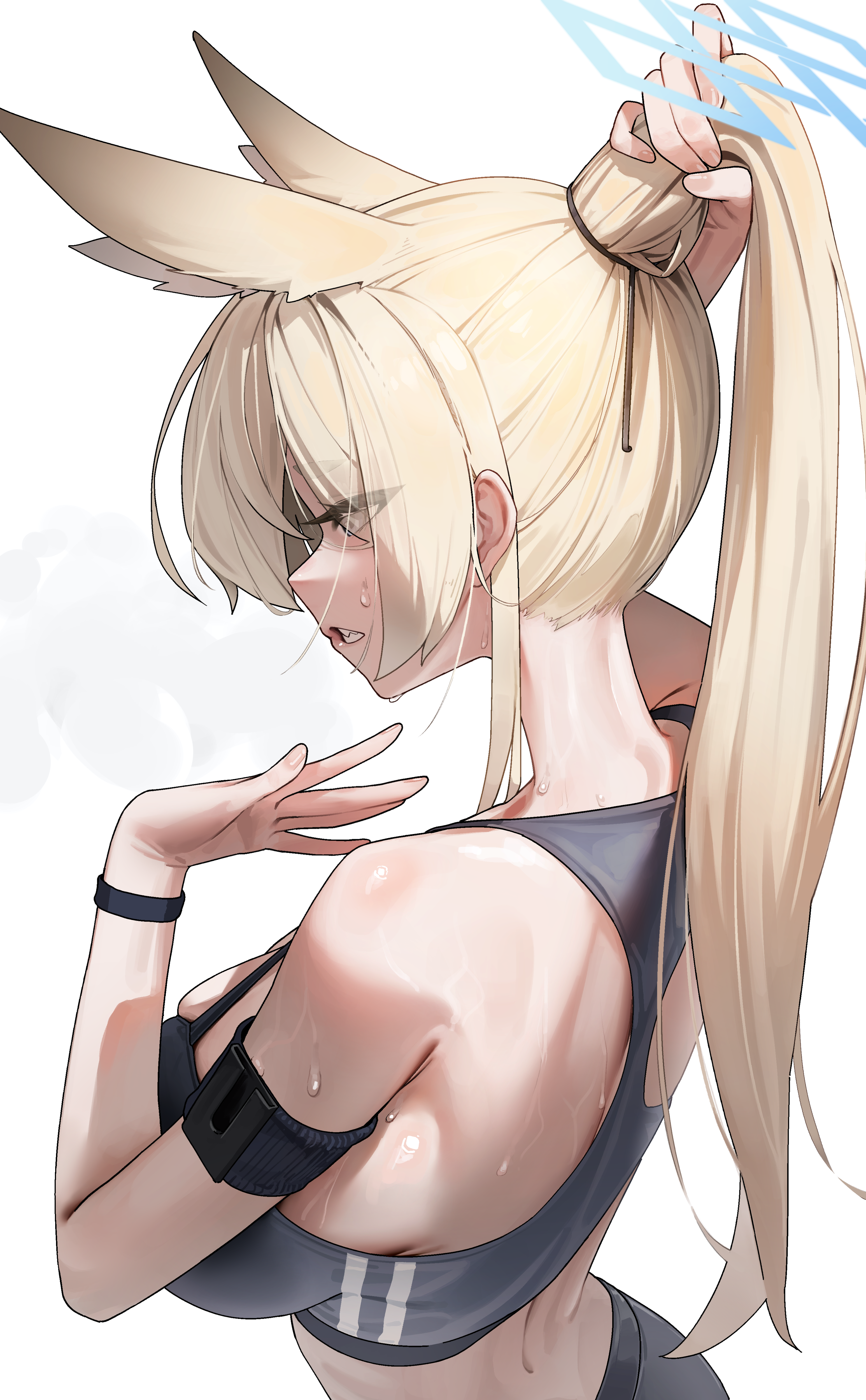 tagua, kanna (blue archive), blue archive, absurdres, commentary request, highres, 1girl, alternate costume, animal ear fluff, animal ears, arm strap, back, bare arms, bare shoulders, blonde hair, blush, breasts, dog ears, dog girl, from behind, grabbing own hair, holding, holding own hair, large breasts, ponytail, simple background, solo, sports bra, sweat, upper body, white background
