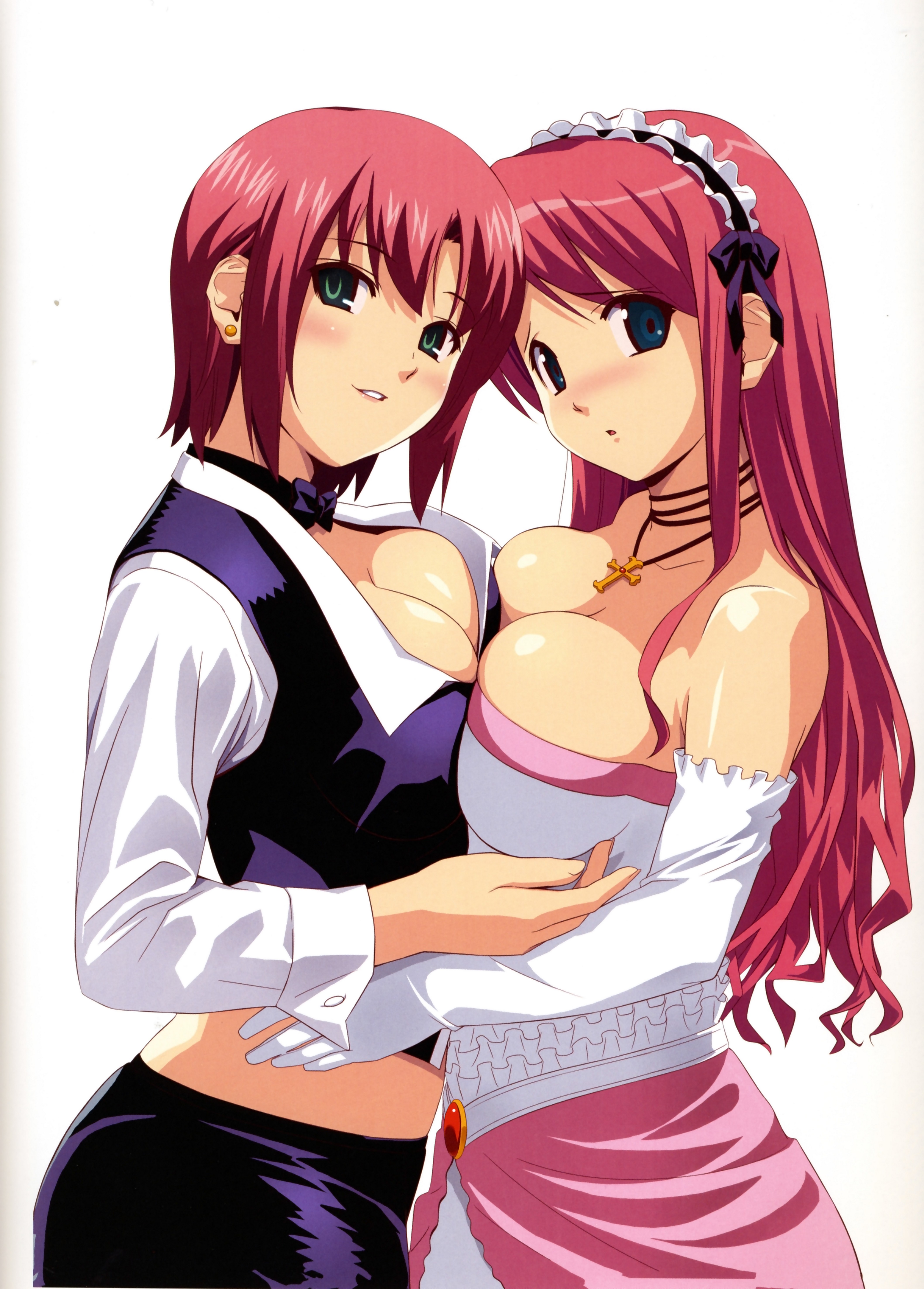 koutaro, princess sara, rio rollins, jujika, juujika, super blackjack, absurdres, highres, 2girls, bare shoulders, blush, bob cut, breast press, breasts, choker, cleavage, cross, croupier, elbow gloves, gloves, headdress, jewelry, large breasts, long hair, maid headdress, midriff, miniskirt, multiple girls, necklace, pencil skirt, pink hair, short hair, skirt, symmetrical docking, yuri