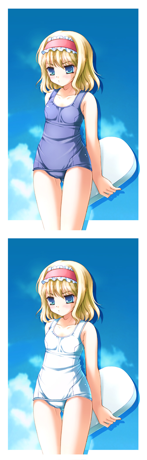 takatsukasa yue, alice margatroid, touhou, highres, long image, tall image, 1girl, blonde hair, blue eyes, day, female focus, gradient background, hairband, one-piece swimsuit, school swimsuit, short hair, sky, solo, swimsuit, variations, white one-piece swimsuit, white school swimsuit