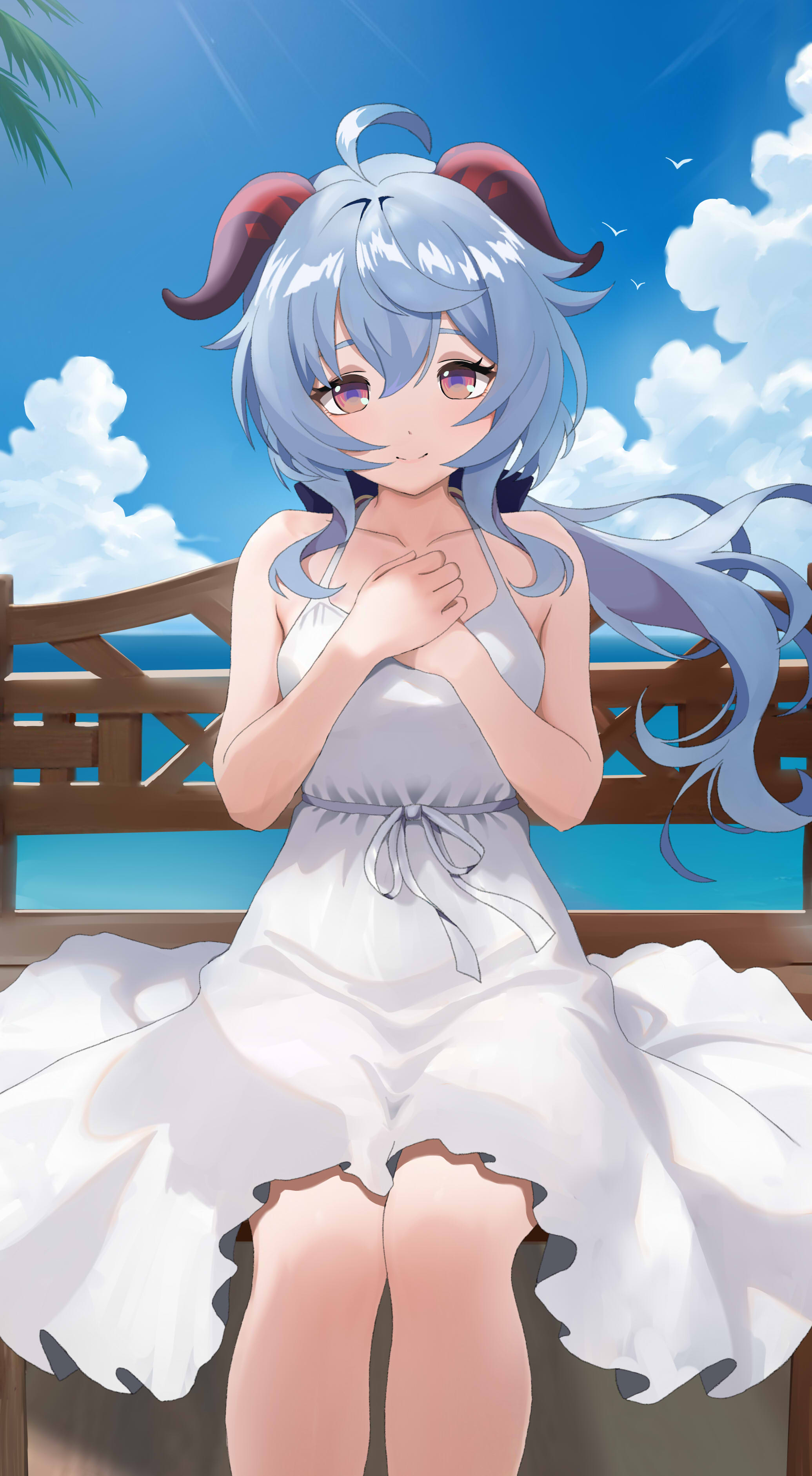 mishirosora, ganyu (genshin impact), genshin impact, absurdres, commentary request, highres, 1girl, ahoge, alternate costume, bare shoulders, beach, bird, black bow, blue hair, blue sky, bow, breasts, clenched hands, closed mouth, cloud, cloudy sky, collarbone, day, dress, feet out of frame, floating hair, goat horns, hair between eyes, hair bow, hands on own chest, hands up, horns, long hair, looking at viewer, low ponytail, medium breasts, ocean, on bench, outdoors, palm leaf, ponytail, purple eyes, ribbon, seagull, shadow, sidelocks, sitting, sky, sleeveless, sleeveless dress, smile, solo, summer, sunlight, white dress, white ribbon