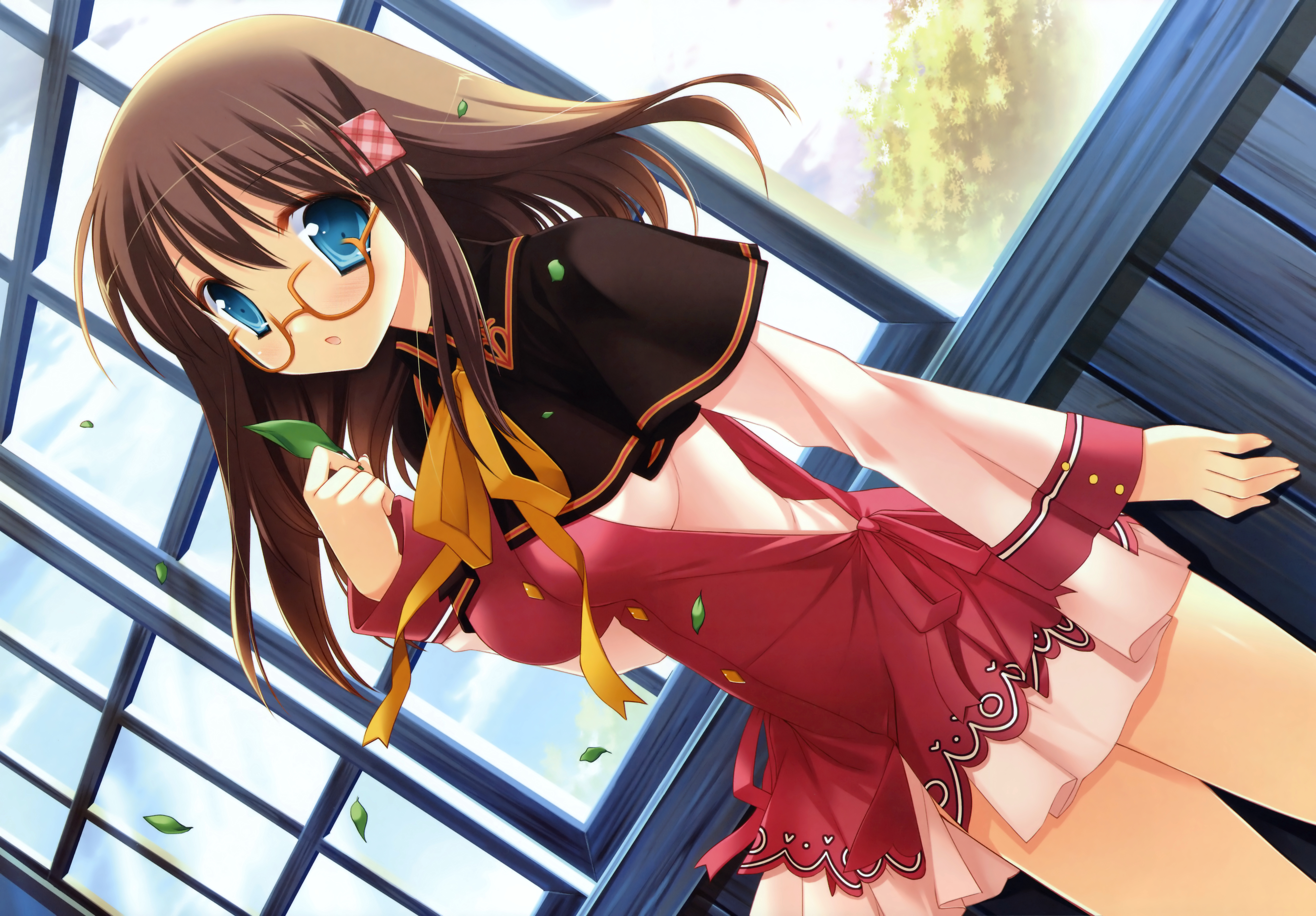miyasu risa, absurdres, highres, blue eyes, blush, brown hair, dutch angle, glasses, leaf, school uniform, solo
